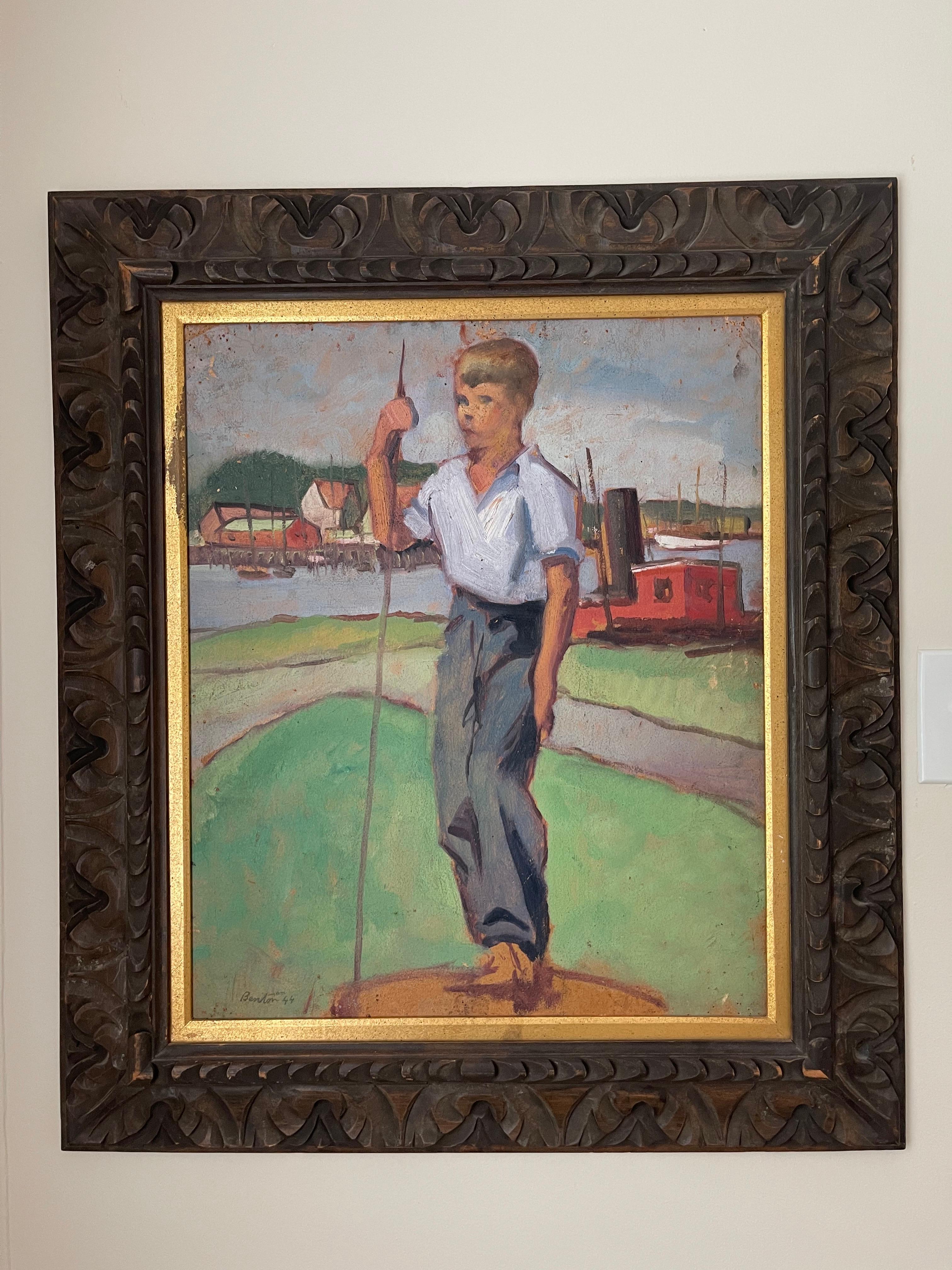 Medium is oil on masonite.  Our client purchased over forty years ago in NYC at auction but does not have any paperwork to detail provenance.  Painting is signed and dated at lower left.  Frame appears to be original from period and is heavily