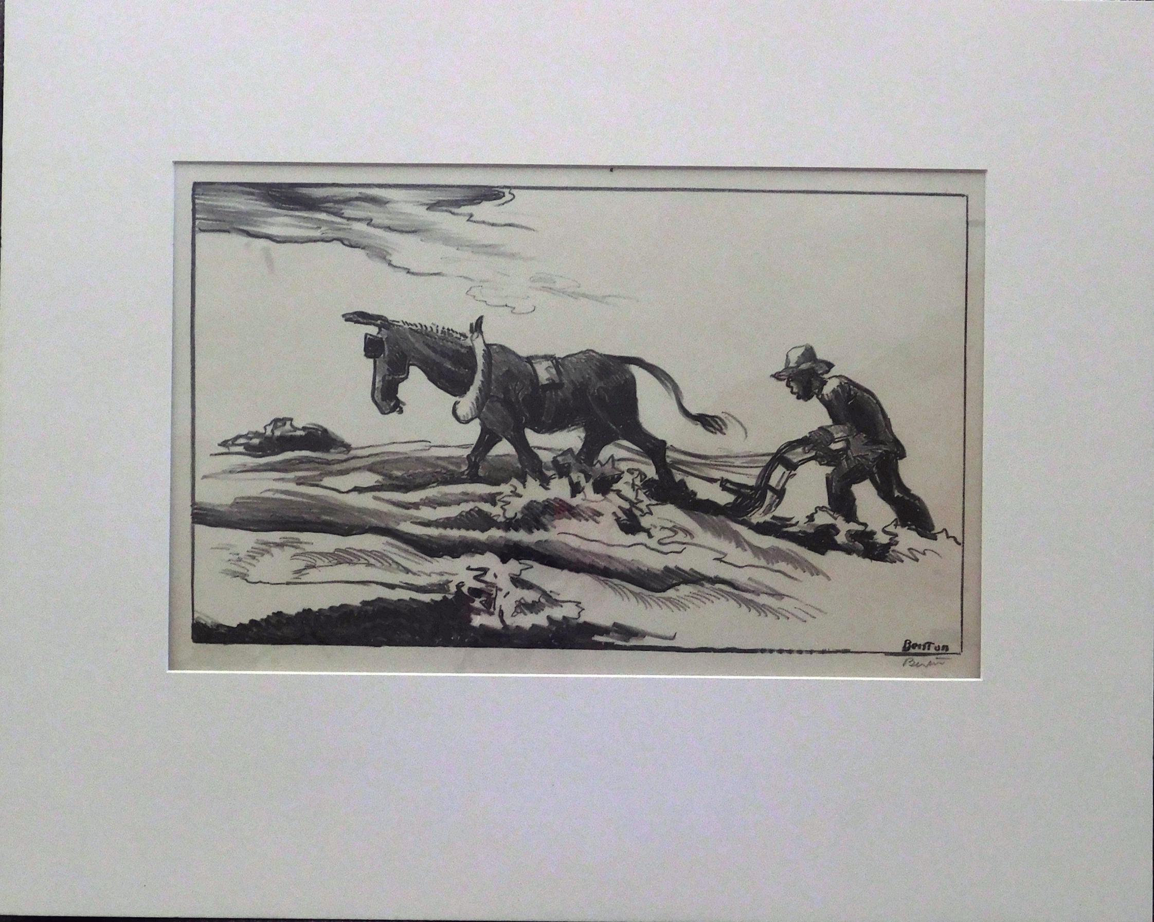 Thomas Hart Benton (1889-1975) Lithographie originale sur pierre.
Titre : Plowing it Under (aussi Ploughing), 1934. 
Non encadré et présenté dans un passe-partout de musée de 4 plis.
Taille de l'image : 8 