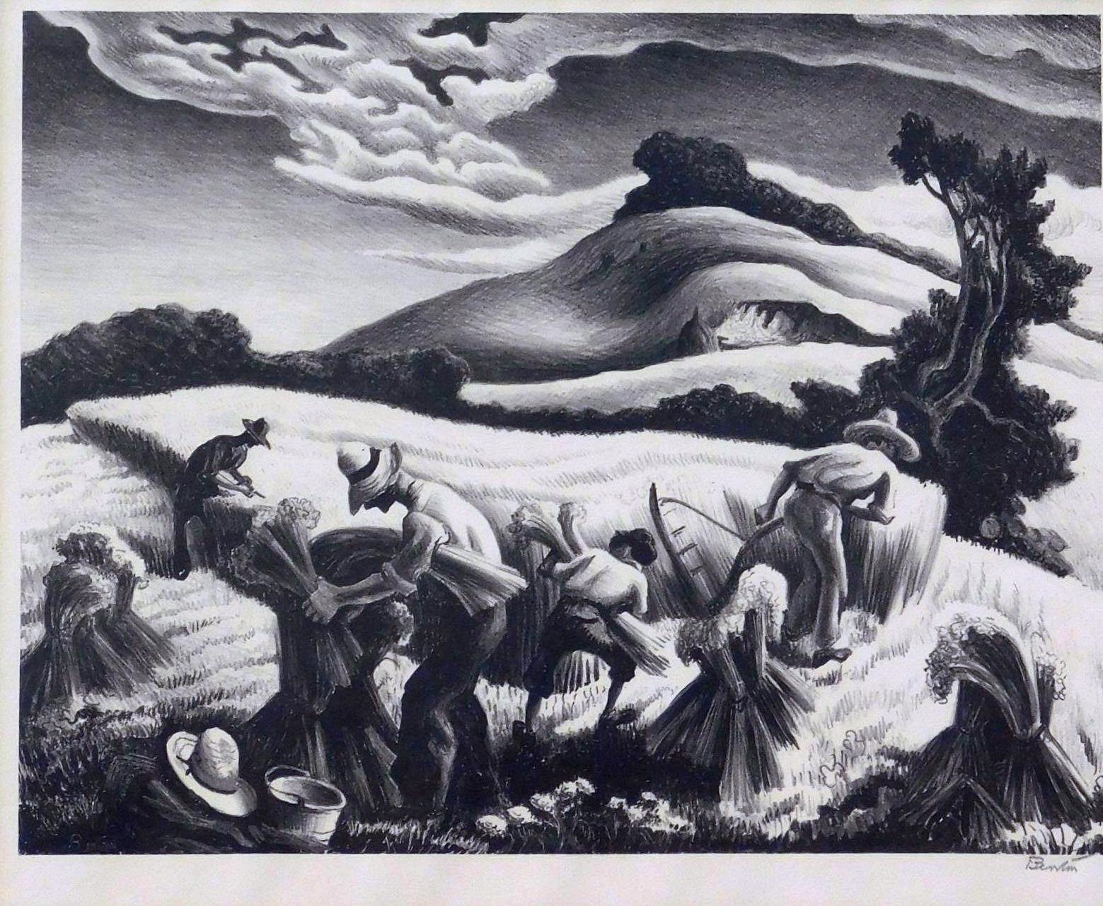 Original stone lithograph created 1939 by well-known Regionalist Thomas Hart Benton.
The print is in excellent condition and pencil signed lower right.
It is matted in a 4-ply archival mat and rests in a simple black frame.
Image size: 9 ½ x 12.