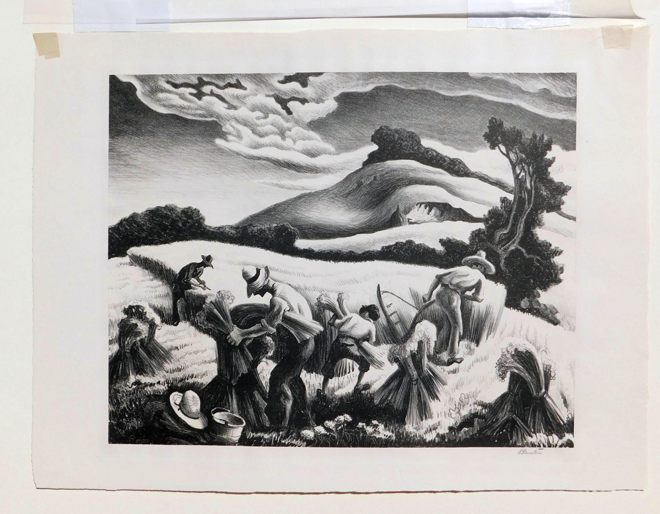 Original stone lithograph created 1939 by well-known Regionalist Thomas Hart Benton.
The print is in fine condition with full margins and pencil signed lower right. 
Also signed in the stone lower left. Fath #27. Image size: 9 1/2