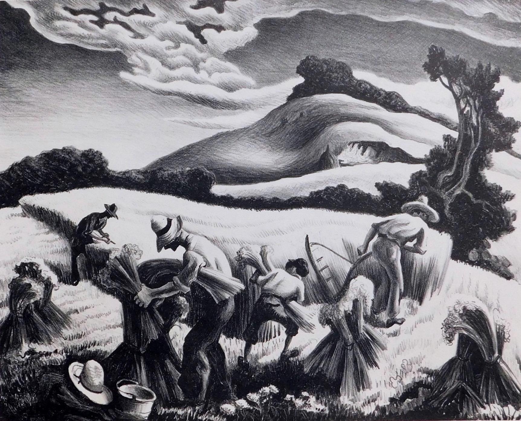 20ième siècle Lithographie originale de Thomas Hart Benton, 1939 - « Le blé qui s'effondre » en vente