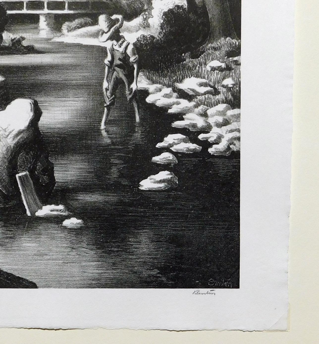 Milieu du XXe siècle Lithographie originale de Thomas Hart Benton, 1939 - « Shallow Creek » en vente