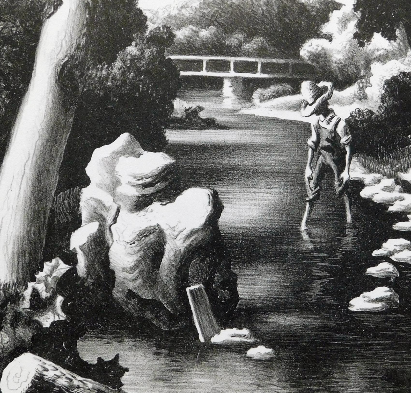 Papier Lithographie originale de Thomas Hart Benton, 1939 - « Shallow Creek » en vente