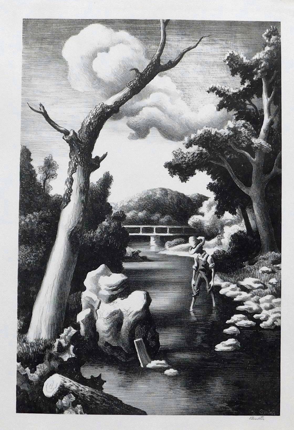 Originallithographie von Thomas Hart Benton, „Shallow Creek“, 1939