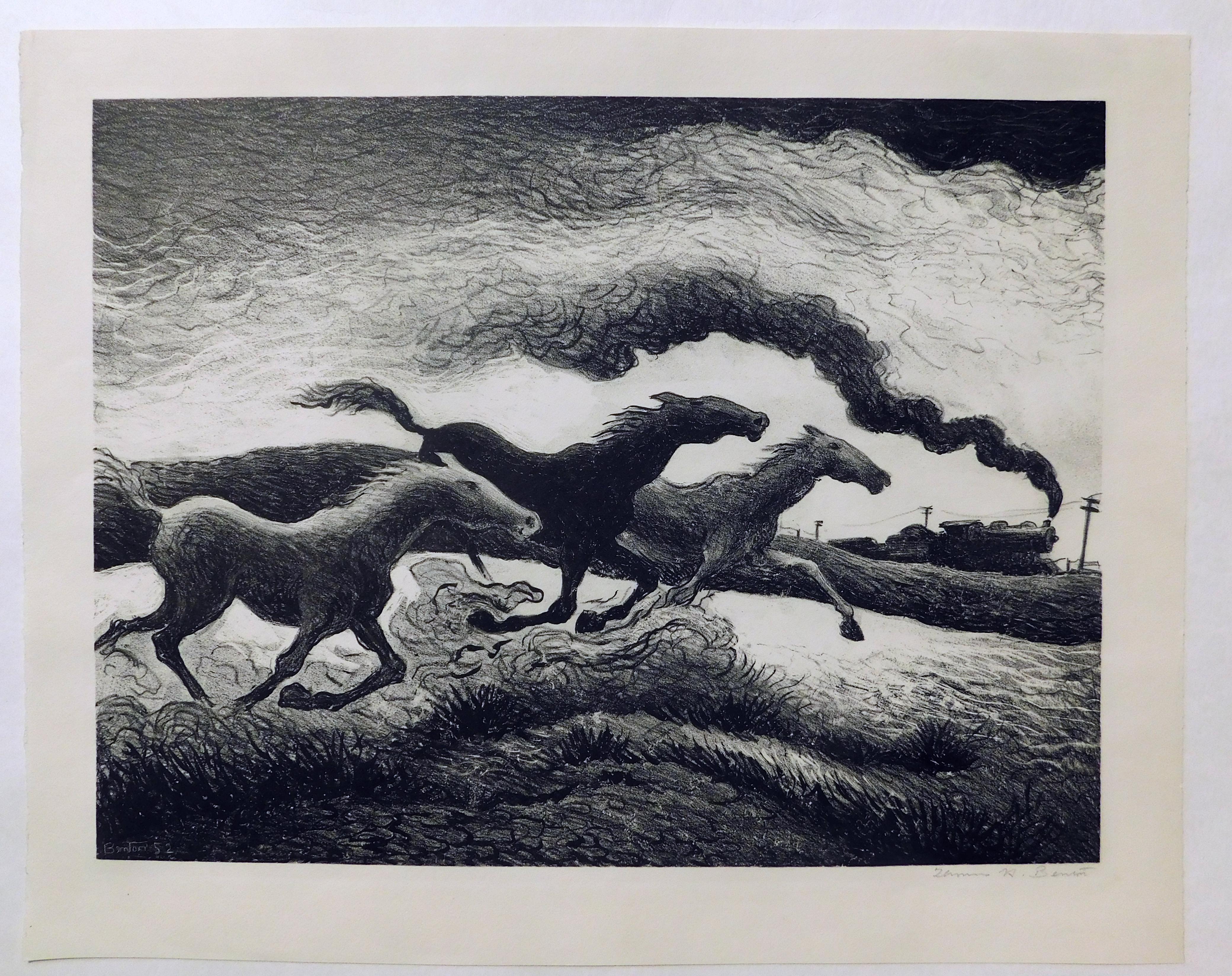 Original stone lithograph created 1955 by well-known Regionalist Thomas Hart Benton.
The print is in excellent condition and pencil signed lower right. Also signed and dated in the stone lower left. Image size: 12 ½ x 16 ½. Title: Running