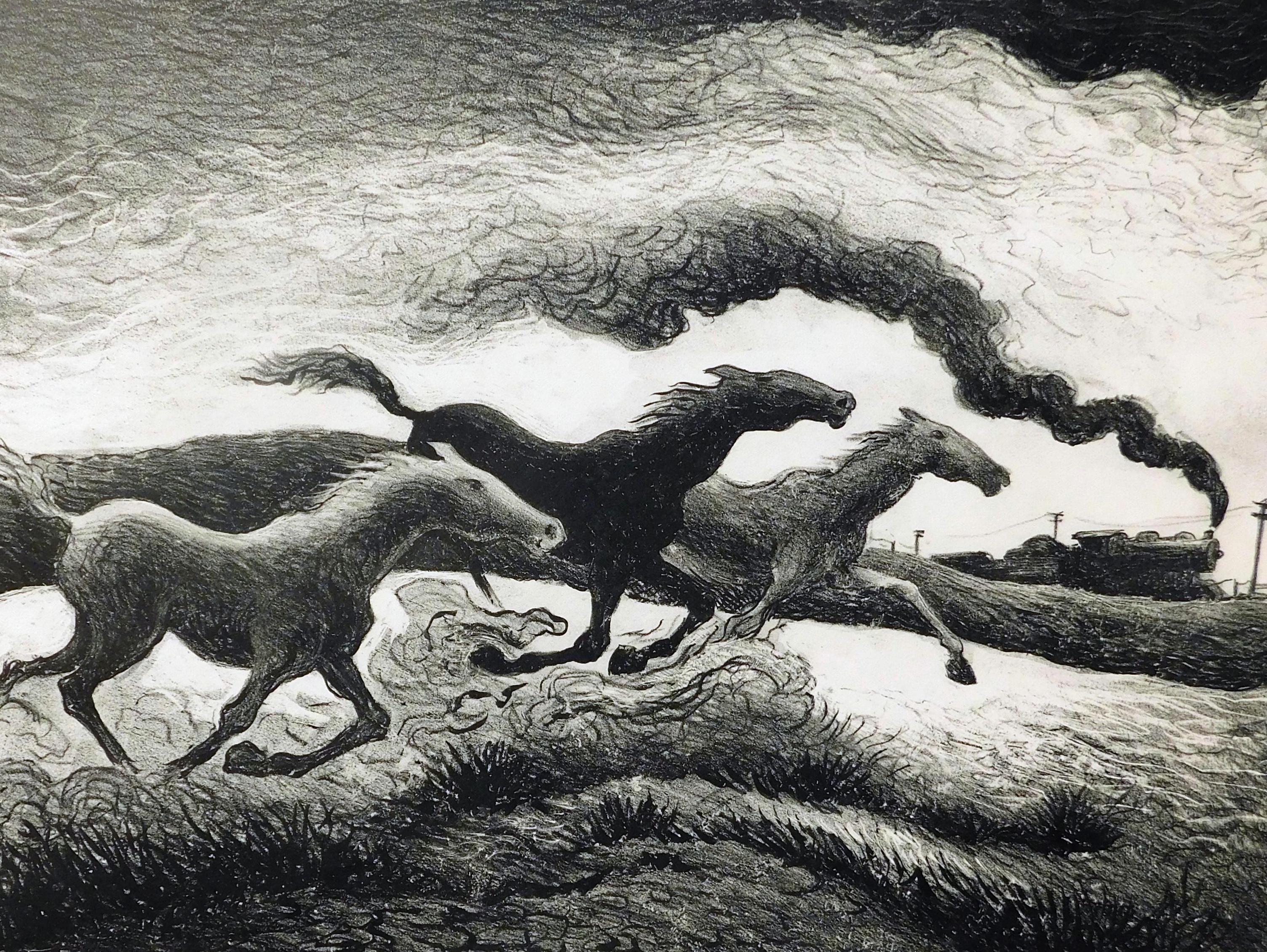 Paper Thomas Hart Benton Original Lithograph, 1955, Running Horses