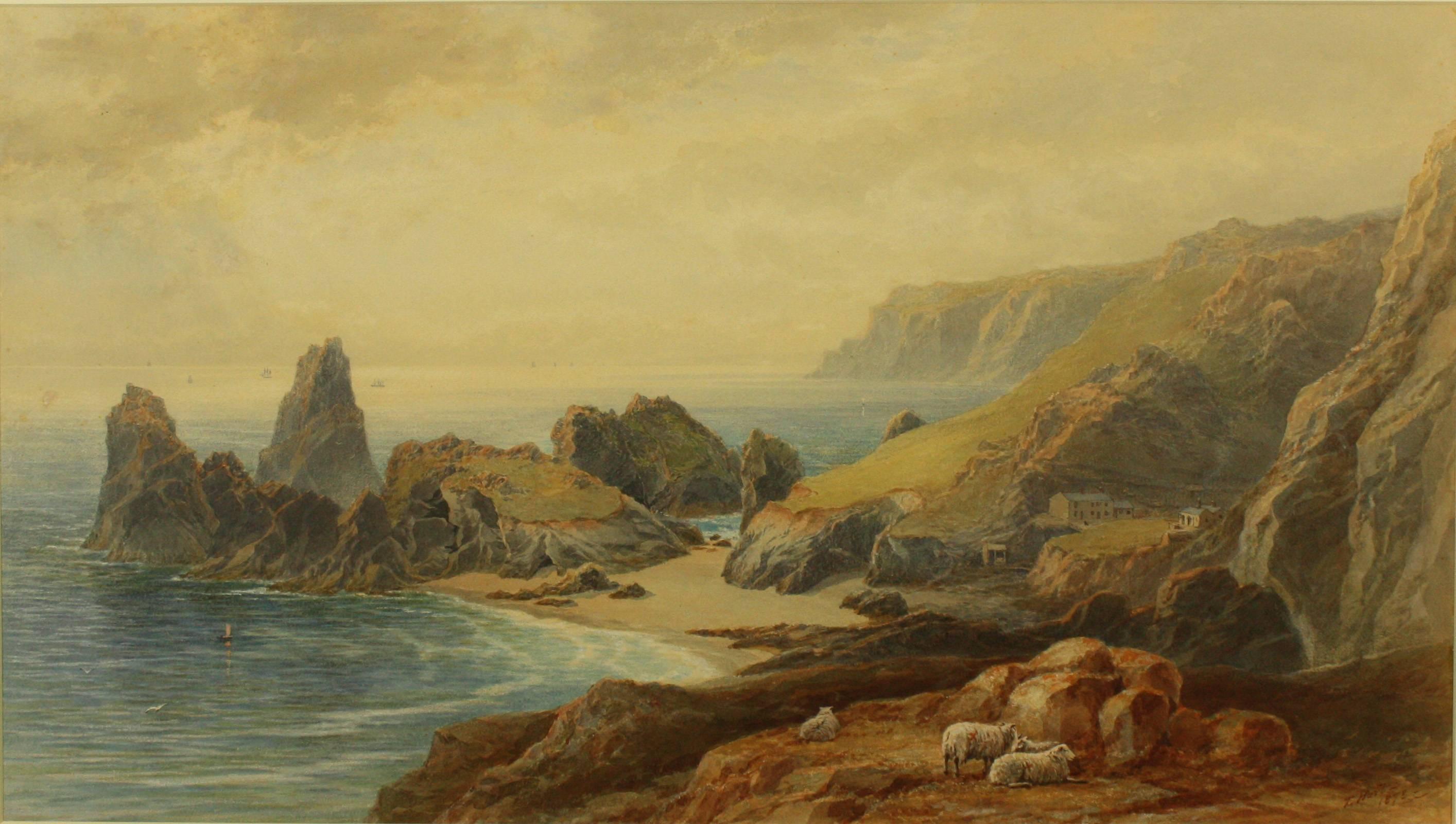 Kynance Cove by Thomas Hart FSA 1873
A large watercolour by Thomas Hart FSA painted in 1873 this cove is about 2 miles from his house on the Lizard Point, Cornwall, it is unusual for Thomas to paint sheep in the foreground, good condition in a burr