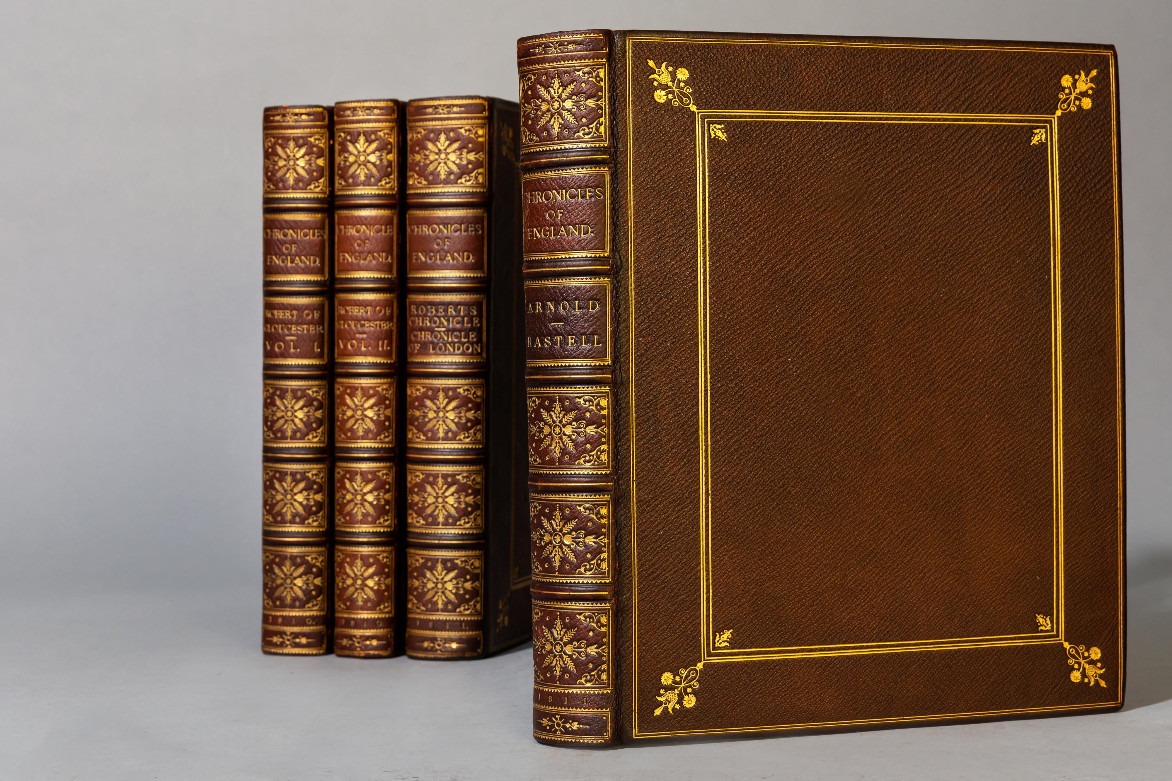 4 volumes. 

Titles included: 2 volumes Thomas Hearne’s Robert of Gloucester; The Customs of London, otherwise called Arnold’s Chronicle; and a Chronicle of London from 1089-1482 Written in the 18th century and for the first time

Printed from
