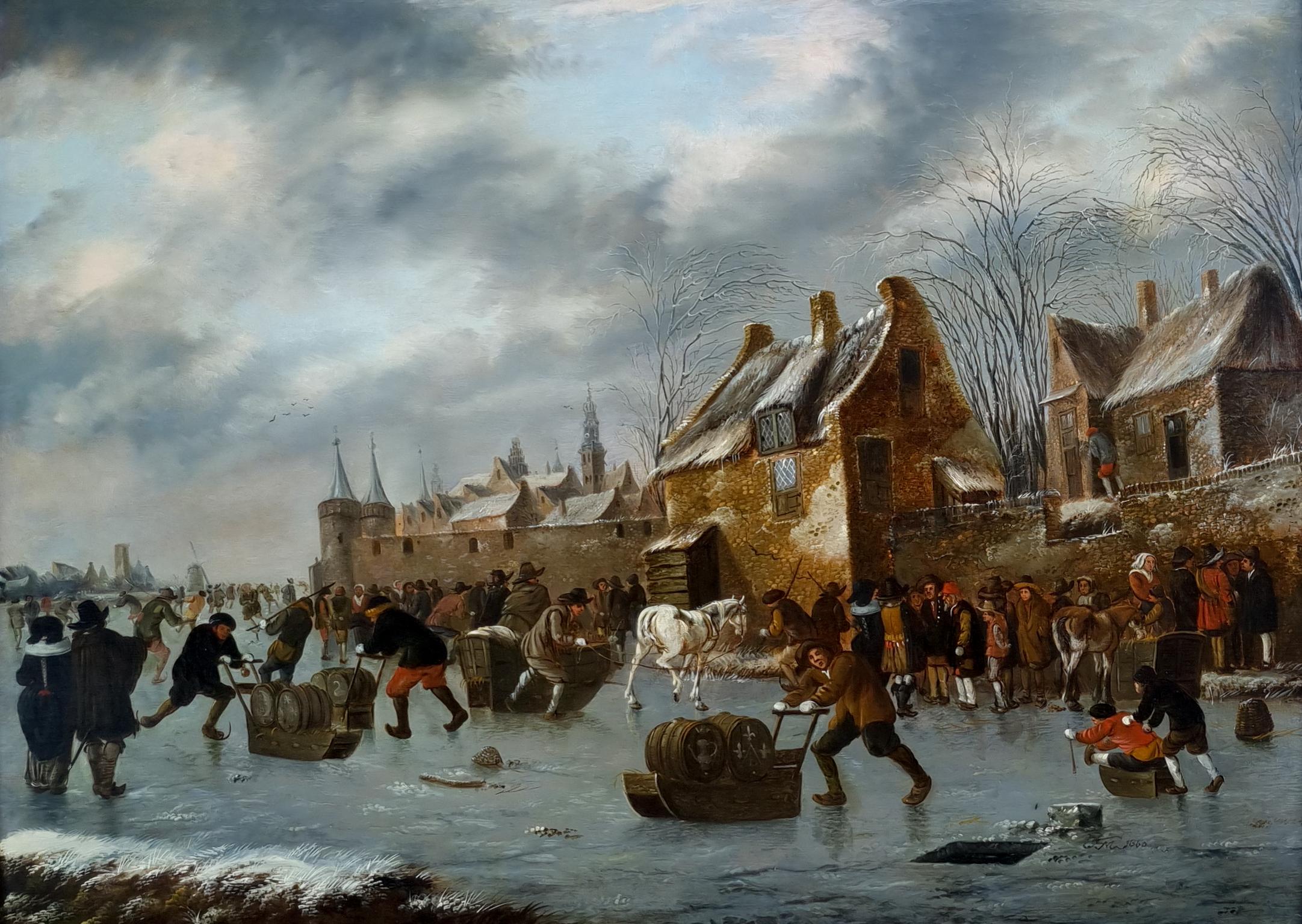 Winter Landscape, Figures on Frozen Canal, Signed & Dated 1660, Thomas Heeremans 2