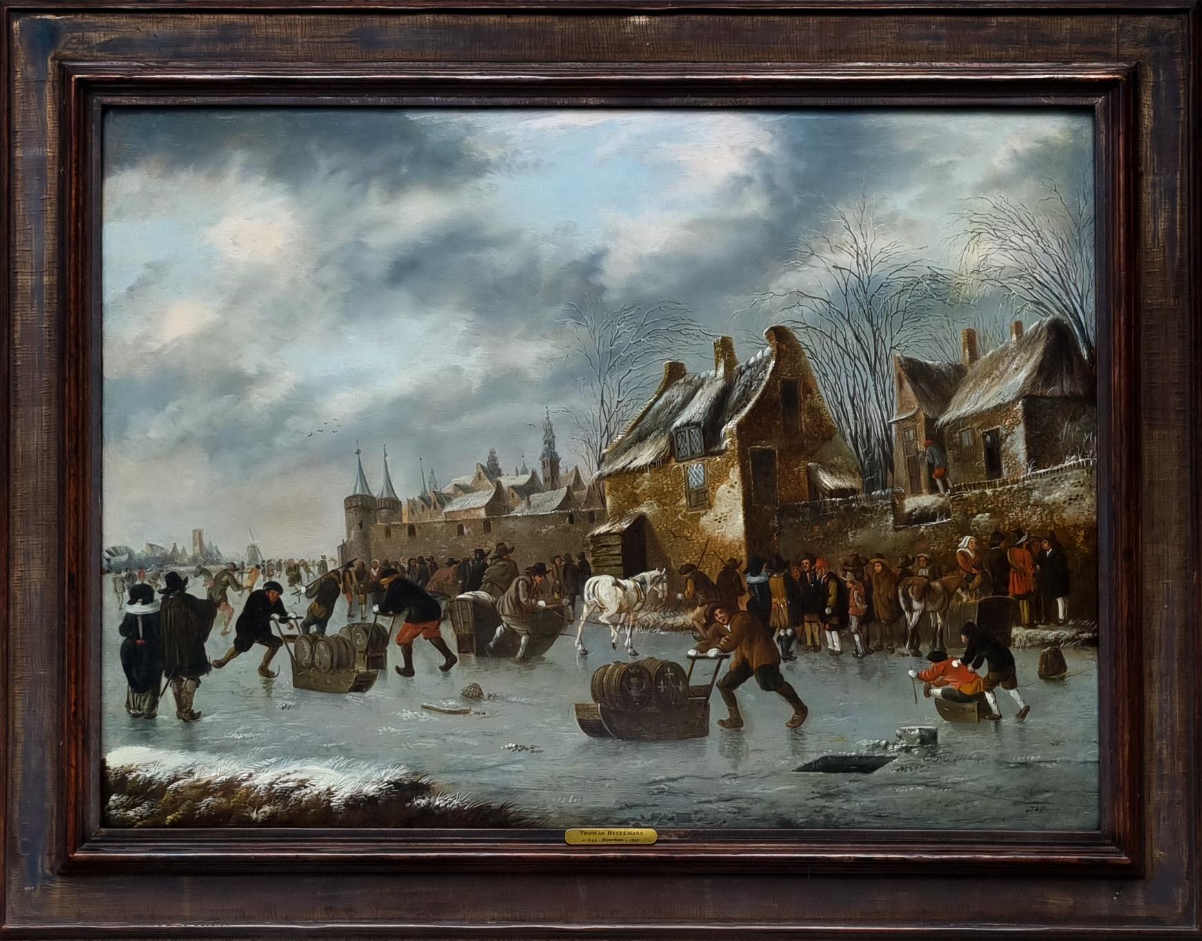 The painting depicts a lively scene from a frozen river outside the town walls, where a large crowd have gathered to skate and mingle.  North-Western Europe went through a small ice age from circa 1550 until the middle of the 19th century, where two