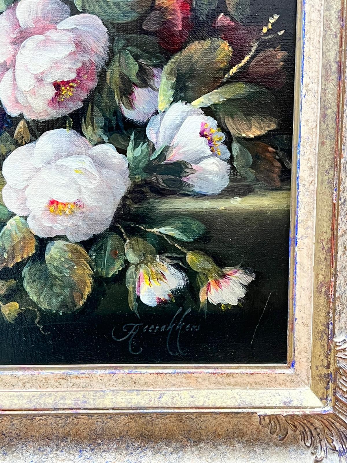 Fine Dutch Classical Still Life Ornate Flowers on Stone Plinth Oil Painting 1