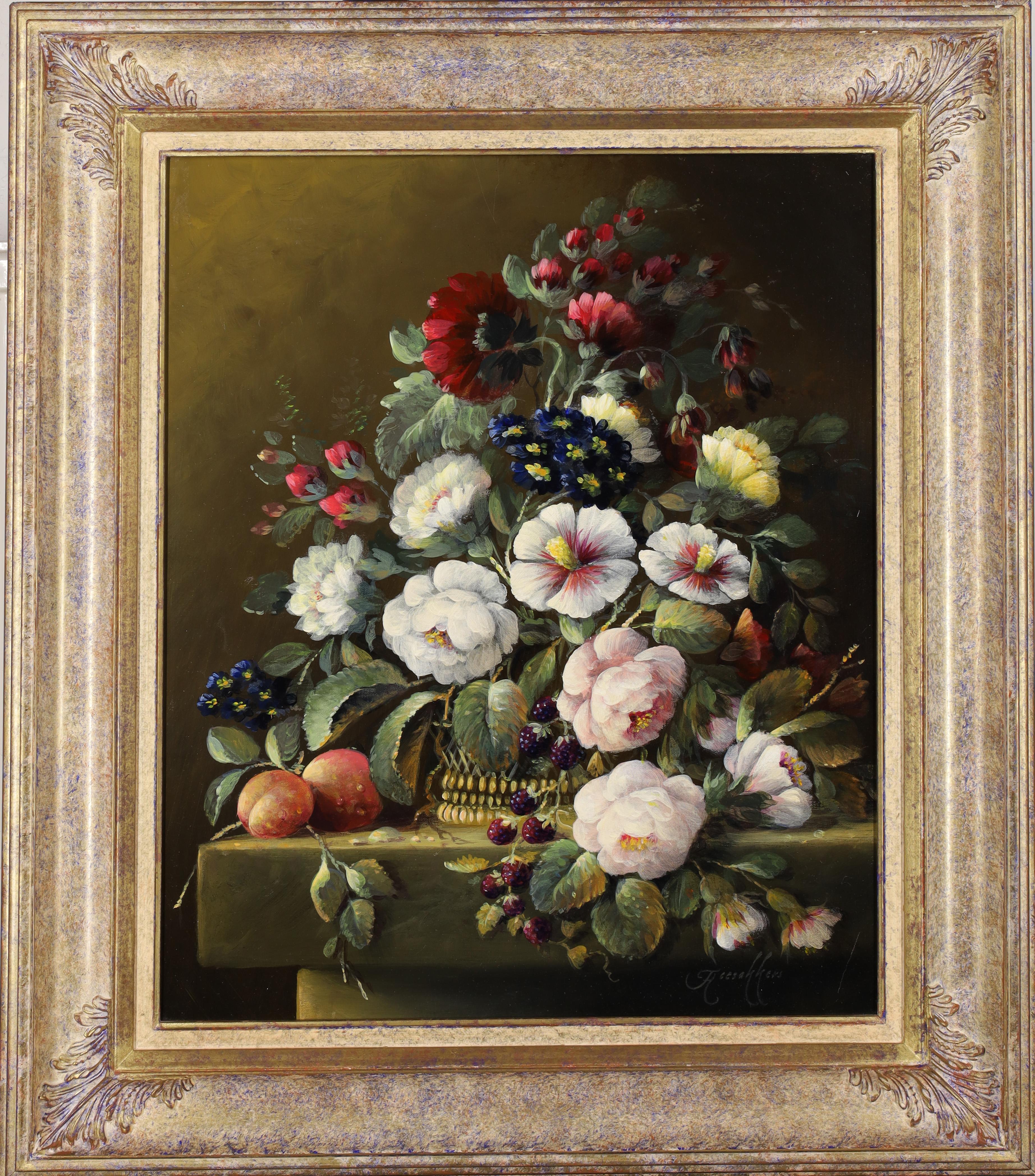 Thomas Heesakkers Still-Life Painting - Fine Dutch Classical Still Life Ornate Flowers on Stone Plinth Oil Painting