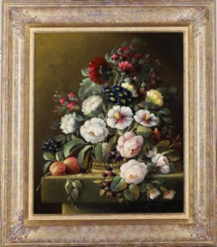 Fine Dutch Classical Still Life Ornate Flowers on Stone Plinth Oil Painting
