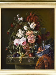 Flower Still Life with fruit and glas of wine - Thomas Heesakkers - Romantic 