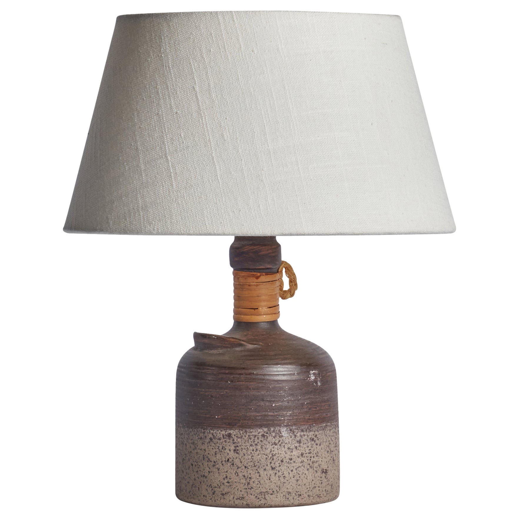 Thomas Hellström, Table Lamp, Ceramic, Rattan, Cord, Sweden, 1970s