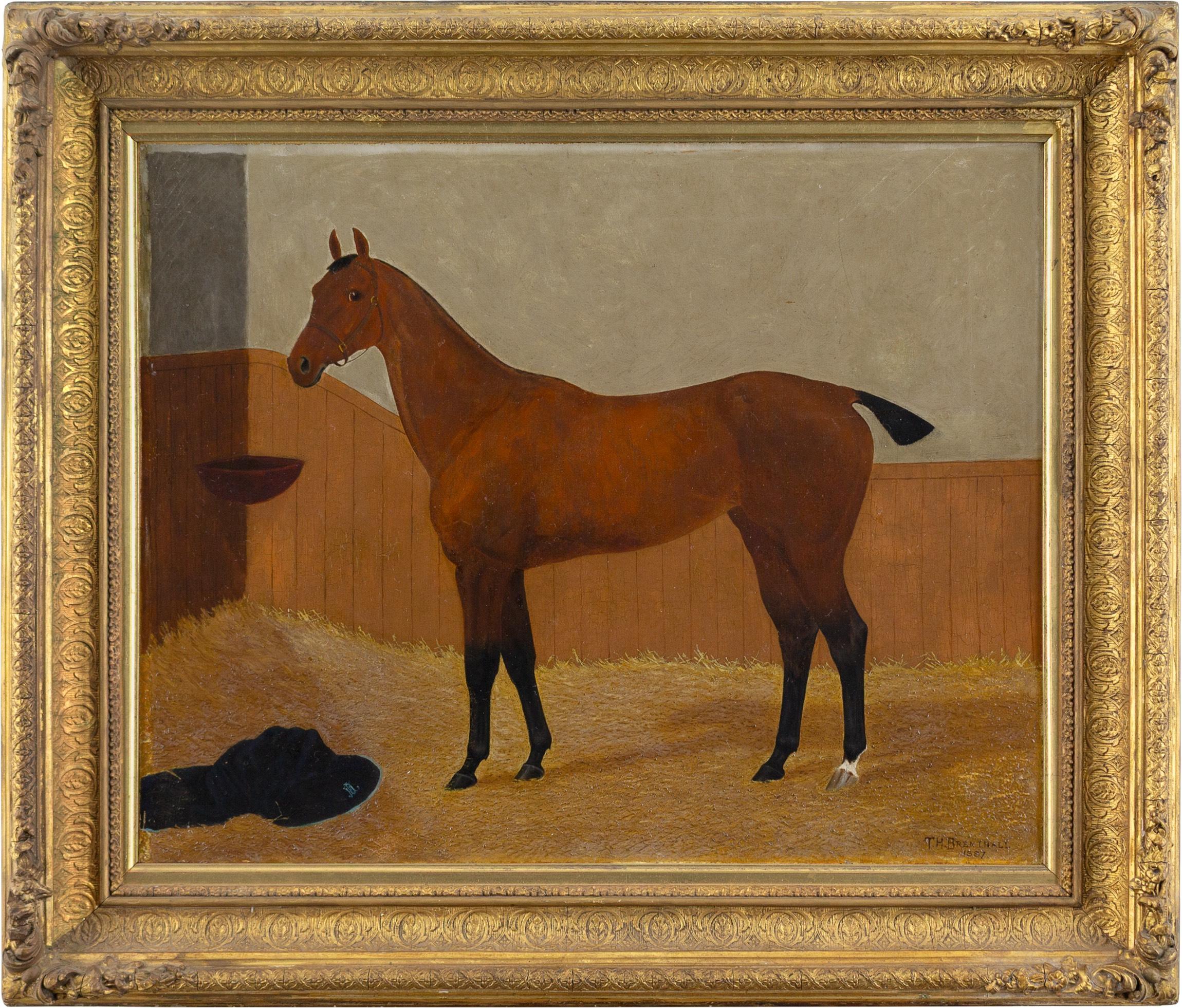Animal Painting Thomas Henry Brentnall - English School du 19e siècle, cheval de course bai dans une stalle, peinture à l
huile ancienne
