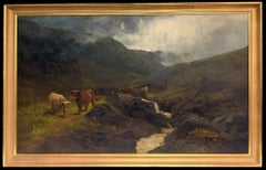Immense peinture à l'huile ancienne Vaches des Highlands dans un paysage de rivière écossaise en mouvement