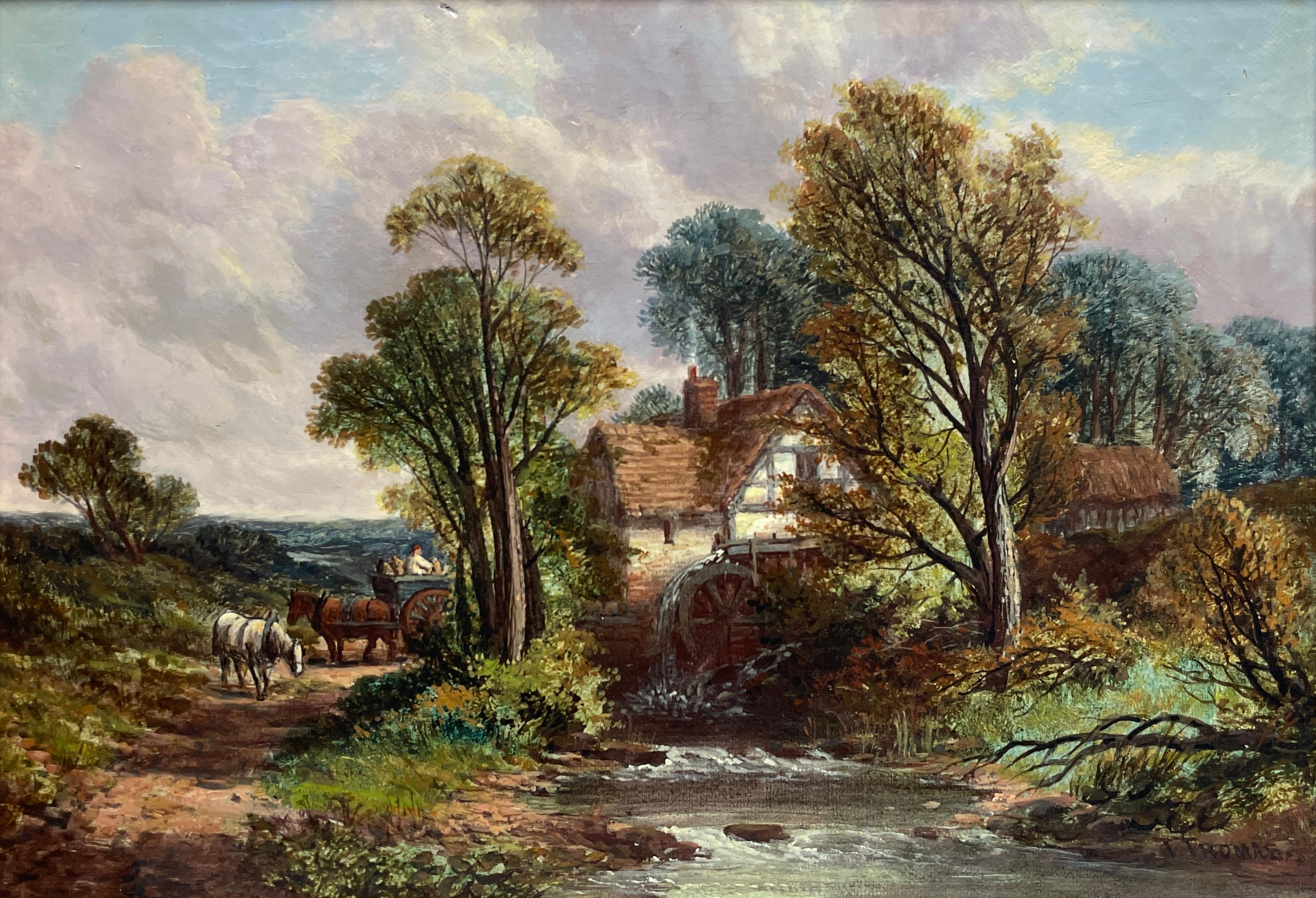 Thomas Henry Thomas Landscape Painting - Charming Victorian Oil Painting Rural Watermill House with Horses & Cart