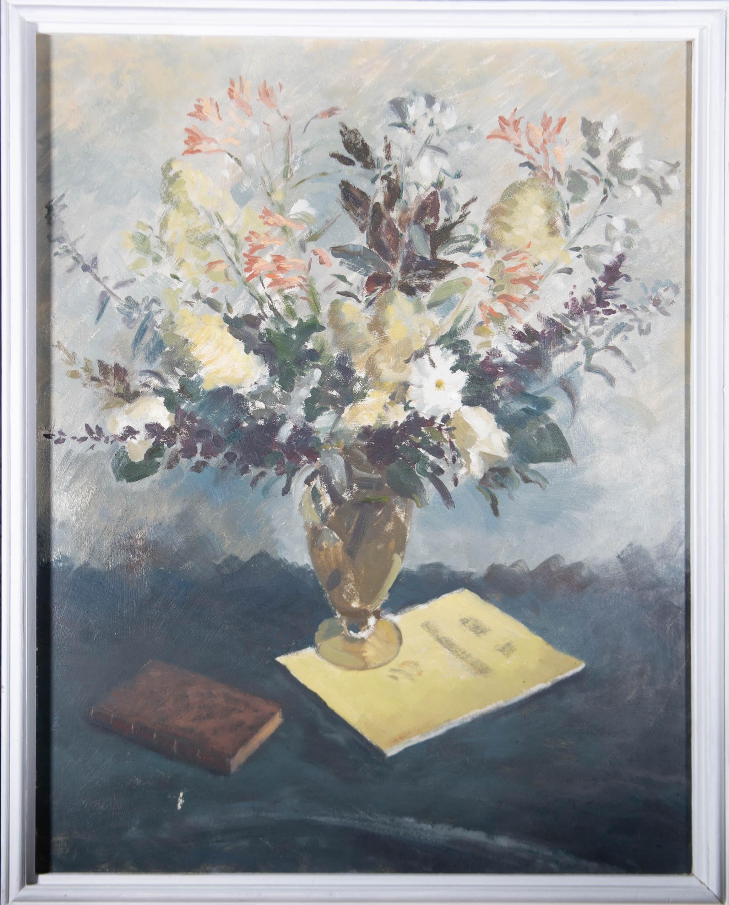 A visually appealing still life study of summer flowers by the British artist Thomas Henslow Barnard. With expressive brushwork and a delicate, natural palette. Presented in a distress-effect painted white frame. Handwritten label to the reverse