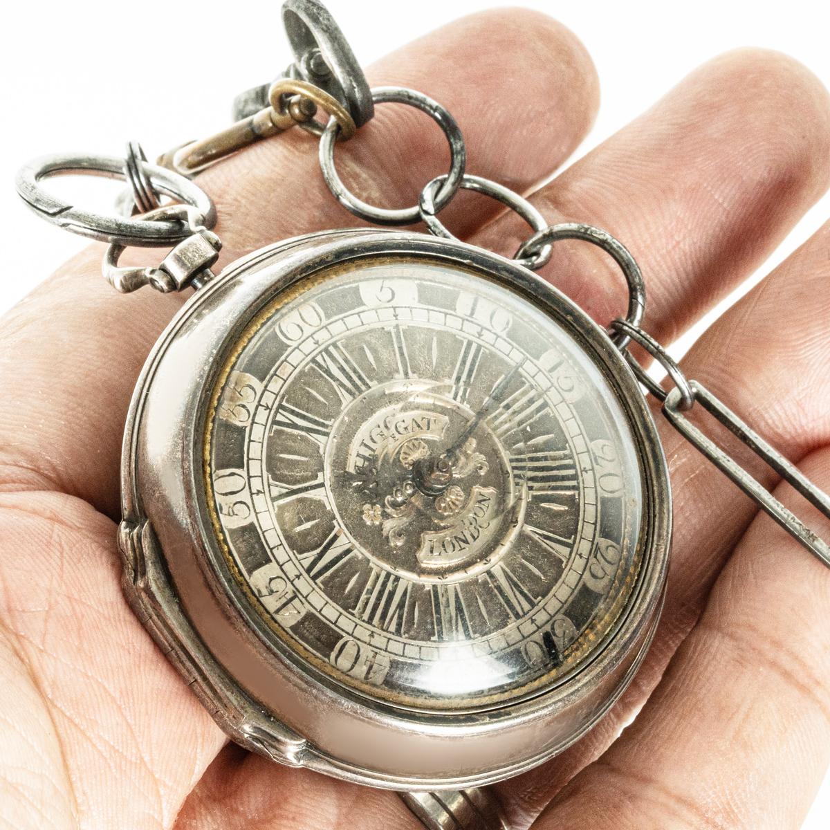 Thomas Higgat. Fino reloj de bolsillo de plata de época con caja de dos piezas C1770 en venta 7