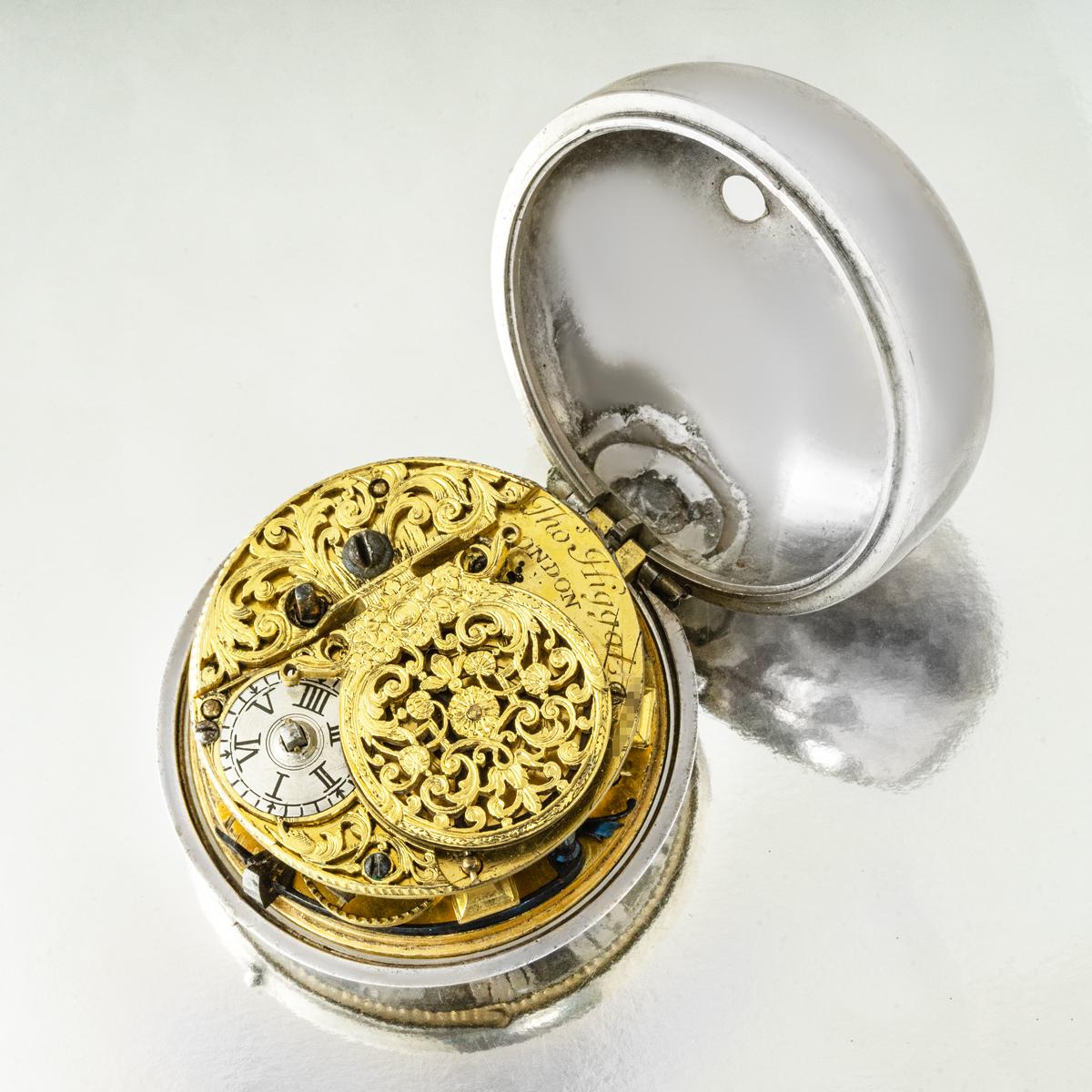 Thomas Higgat. Fino reloj de bolsillo de plata de época con caja de dos piezas C1770 en venta 5