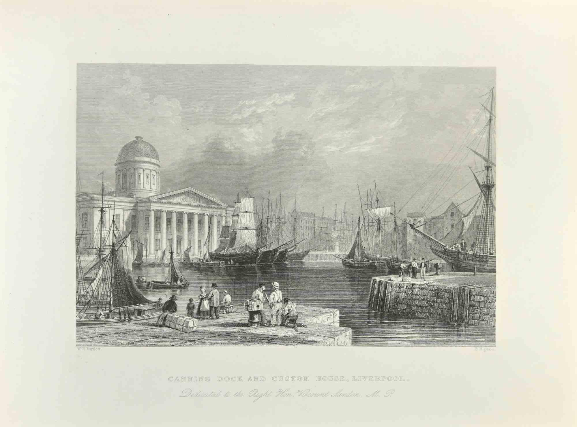 Canning Dock and Custom House, Liverpool is an etching realized in 1845  by T.Higham.

Signed in plate.

The artwork is realized in a well-balanced composition.