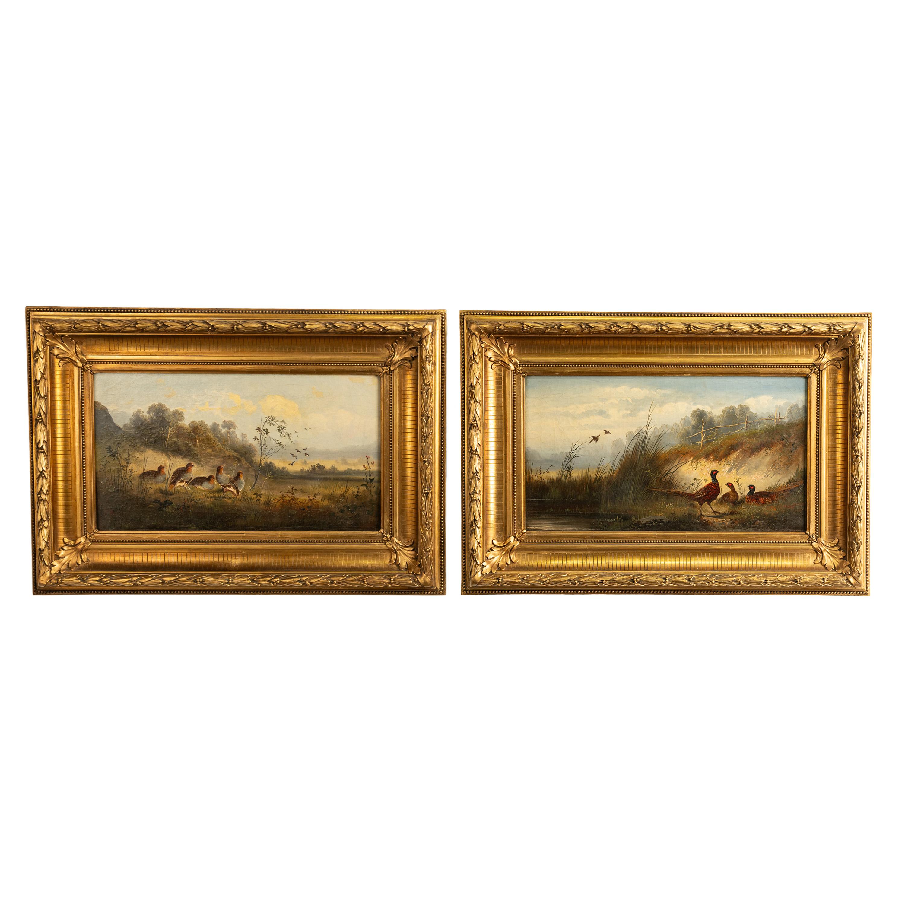 A very good & rare pair of oil on canvas landscape paintings by American 19th century artist Thomas Hill (1829-1908), games birds in a pastoral setting, circa 1875.
The painting to the left depicts five sage grouse hens in a meadow, signed lower