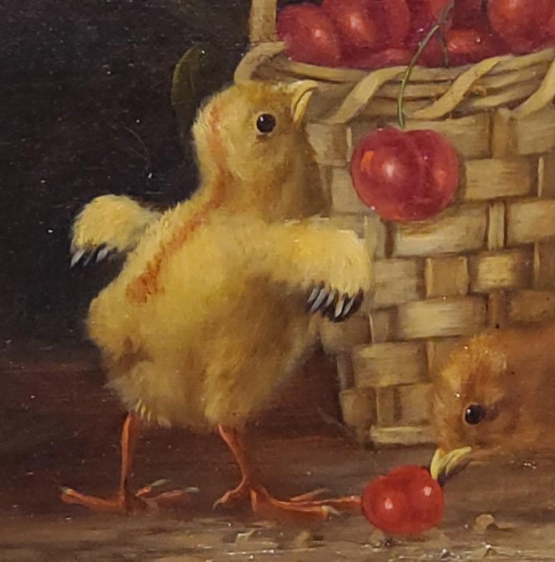 Still Life Oil Painting of Baby Chicks and Cherries by Thomas Hill, American (1829-1908).

Rare early sill life with chicks and a bowl of cherries.

Oil on canvas measuring approximately 7 .5