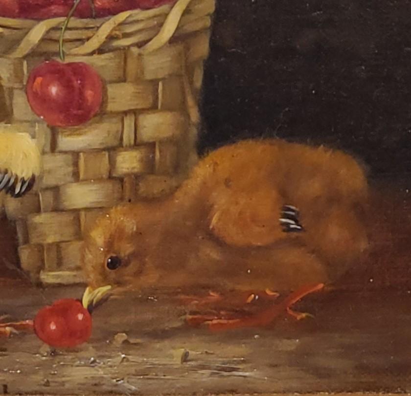 Still Life Oil Painting of Baby Chicks and Cherries by Thomas Hill 1