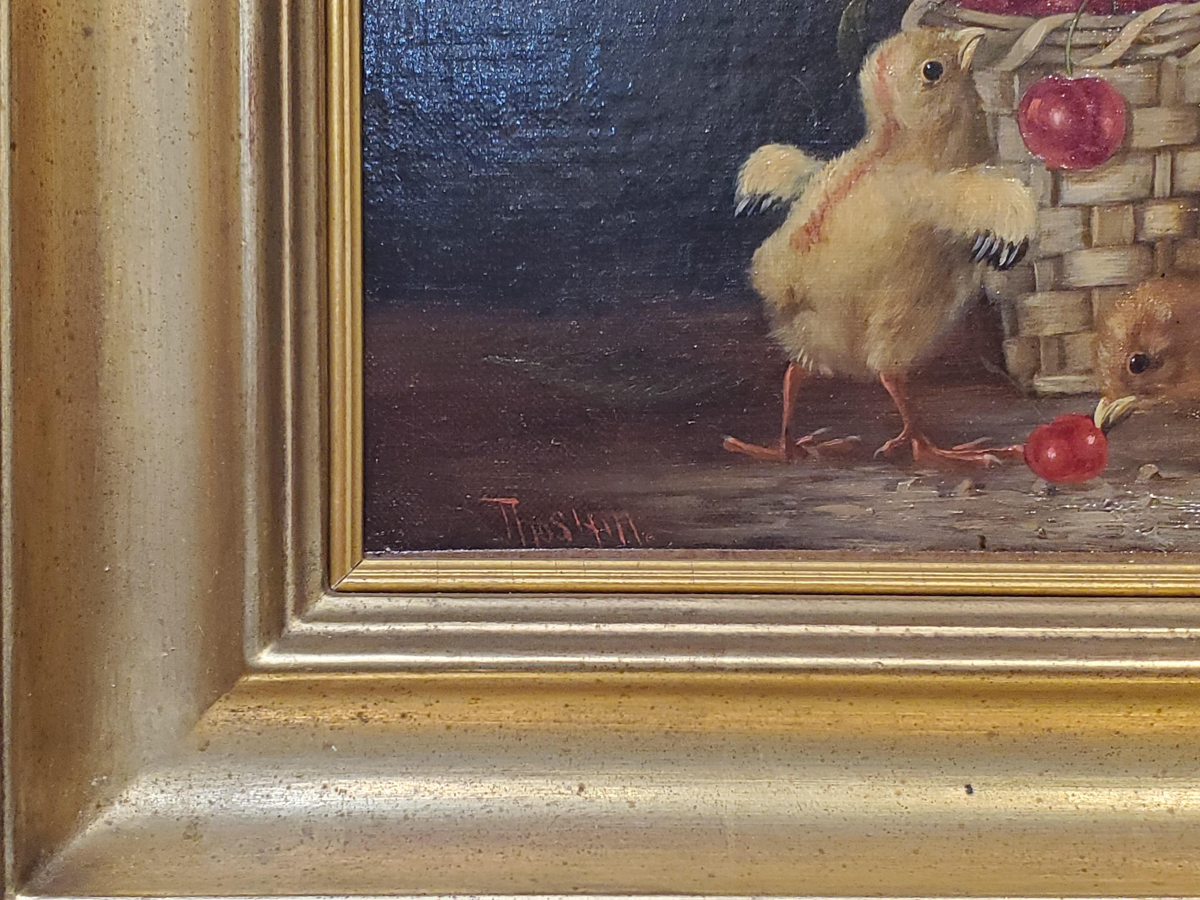 Still Life Oil Painting of Baby Chicks and Cherries by Thomas Hill 2
