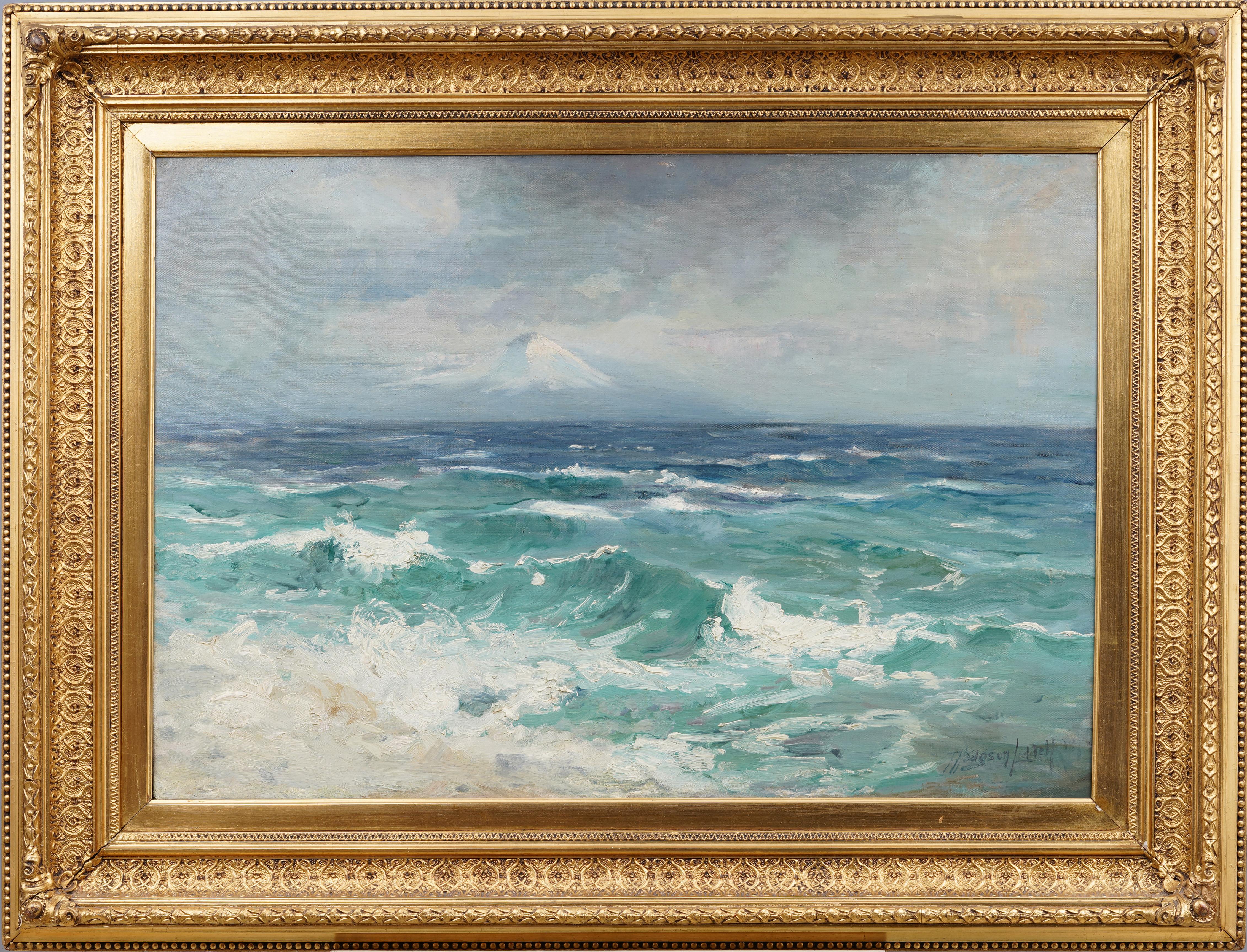 Majestätische antike englische Mt Fuji Winterberg- Meereslandschaft, signiertes gerahmtes Gemälde – Painting von Thomas Hodgson Liddell 
