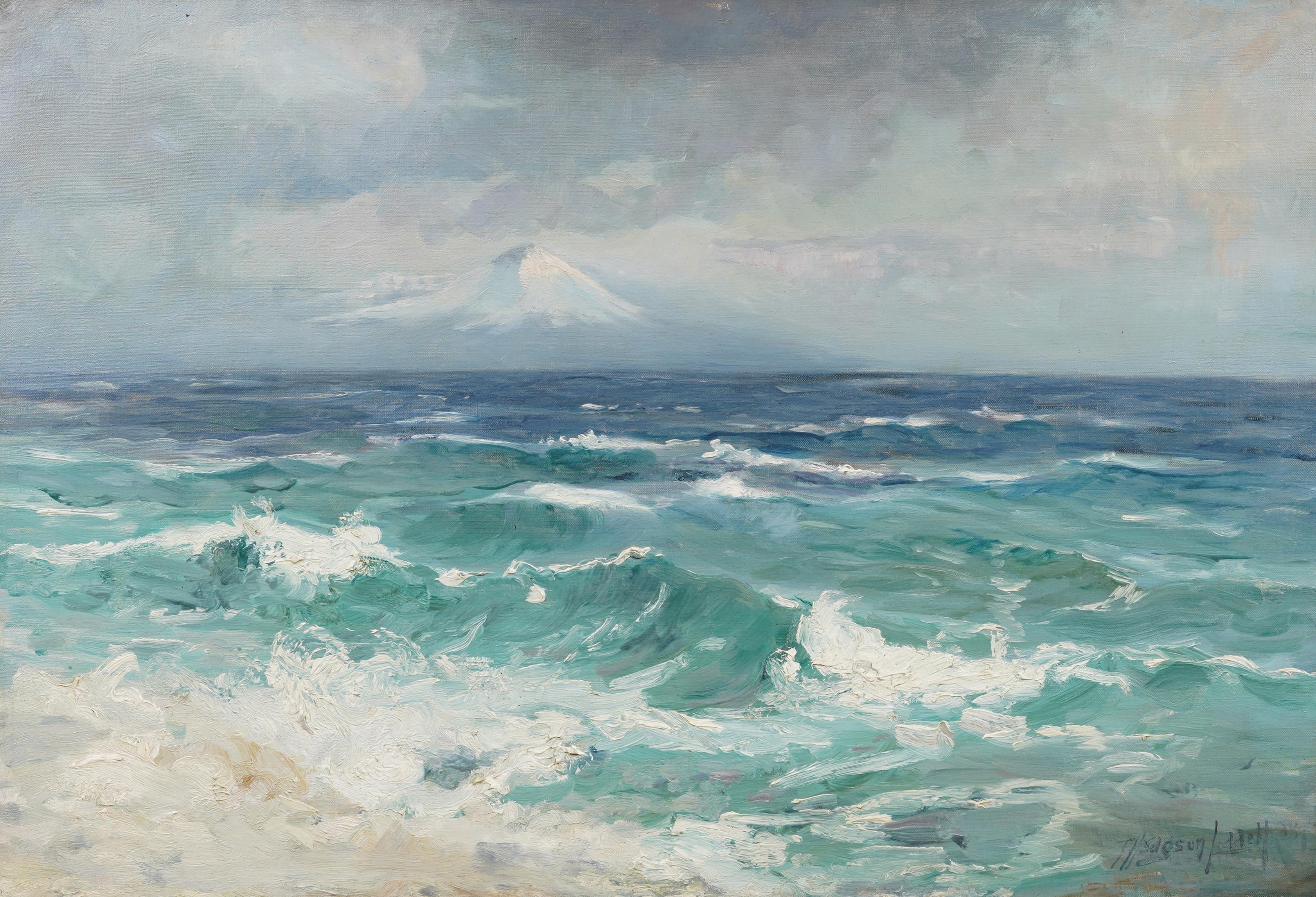 Majestätische antike englische Mt Fuji Winterberg- Meereslandschaft, signiertes gerahmtes Gemälde (Impressionismus), Painting, von Thomas Hodgson Liddell 