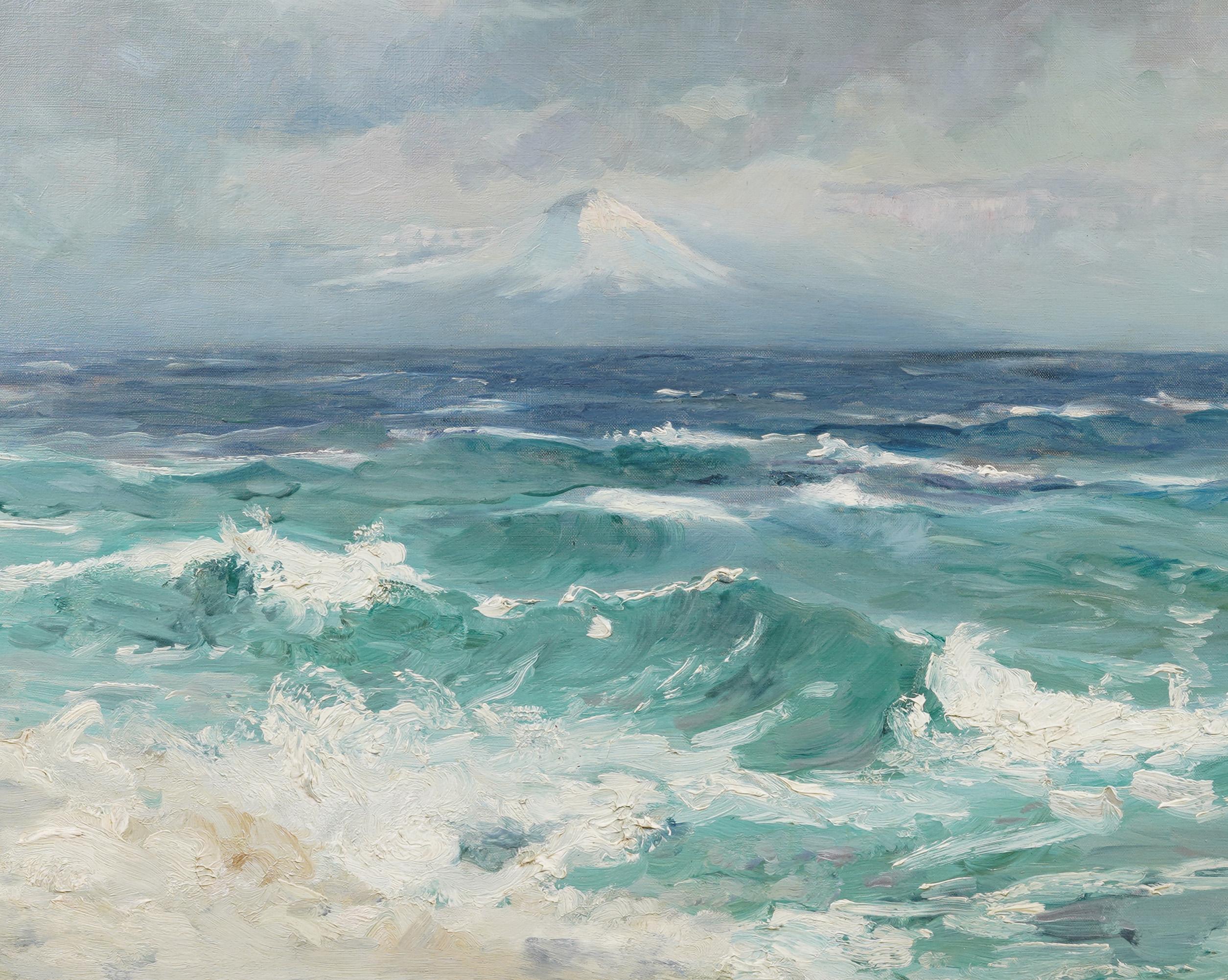Unglaubliches Gemälde aus dem 19. Jahrhundert von Thomas Hodgson Liddell (1860 - 1925).  Öl auf Leinwand des Mt. Fuji vom Meer aus.  Hübsch gerahmt und aufhängefertig.  Signiert unten rechts.