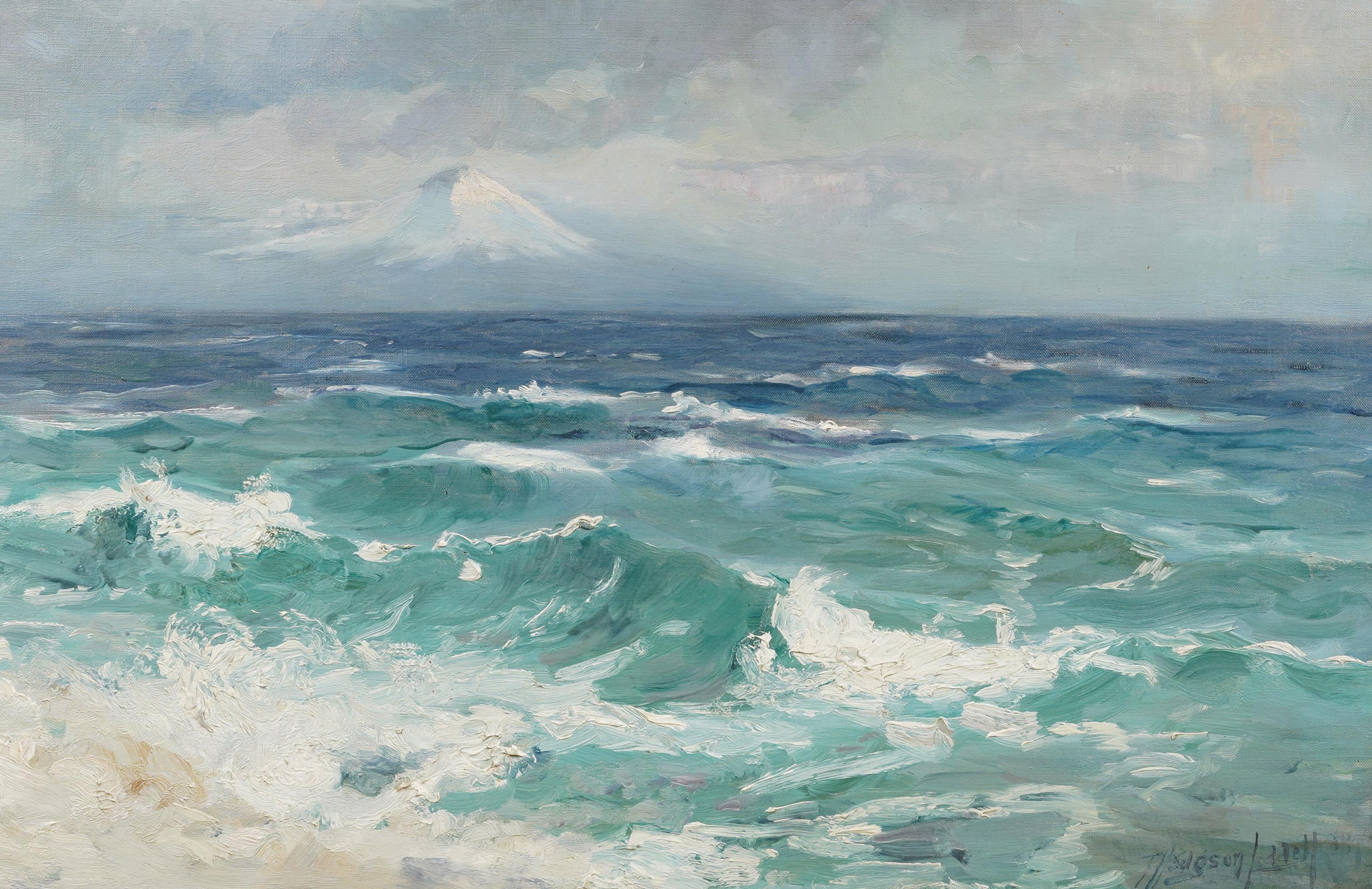 Majestätische antike englische Mt Fuji Winterberg- Meereslandschaft, signiertes gerahmtes Gemälde 1