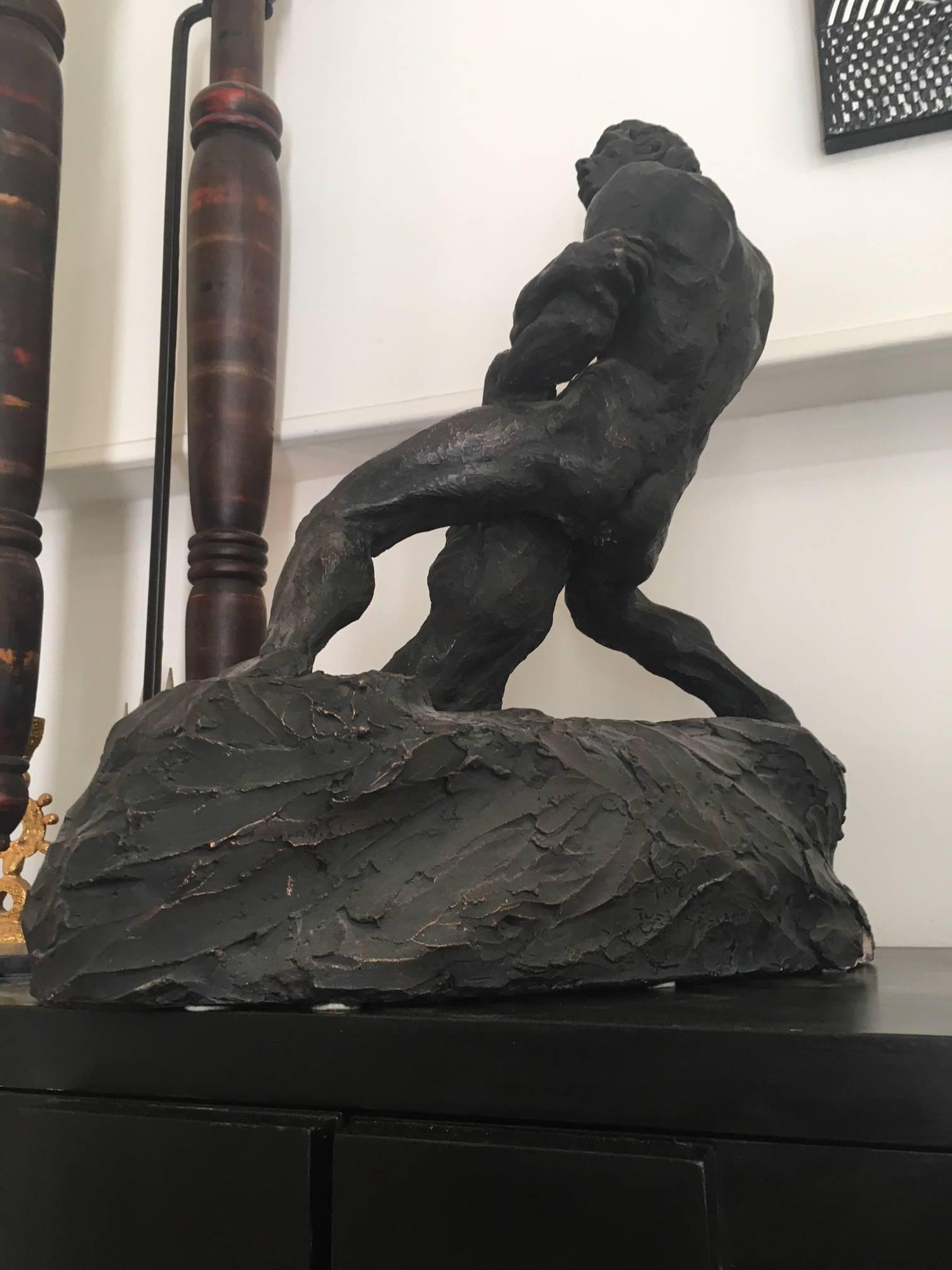 A powerful artwork, bronze patinated plaster by Artist Thomas Holland, depicting a male nude agonizing to save one other.
Size 53 wide by 34 cm deep by 56 cm H.