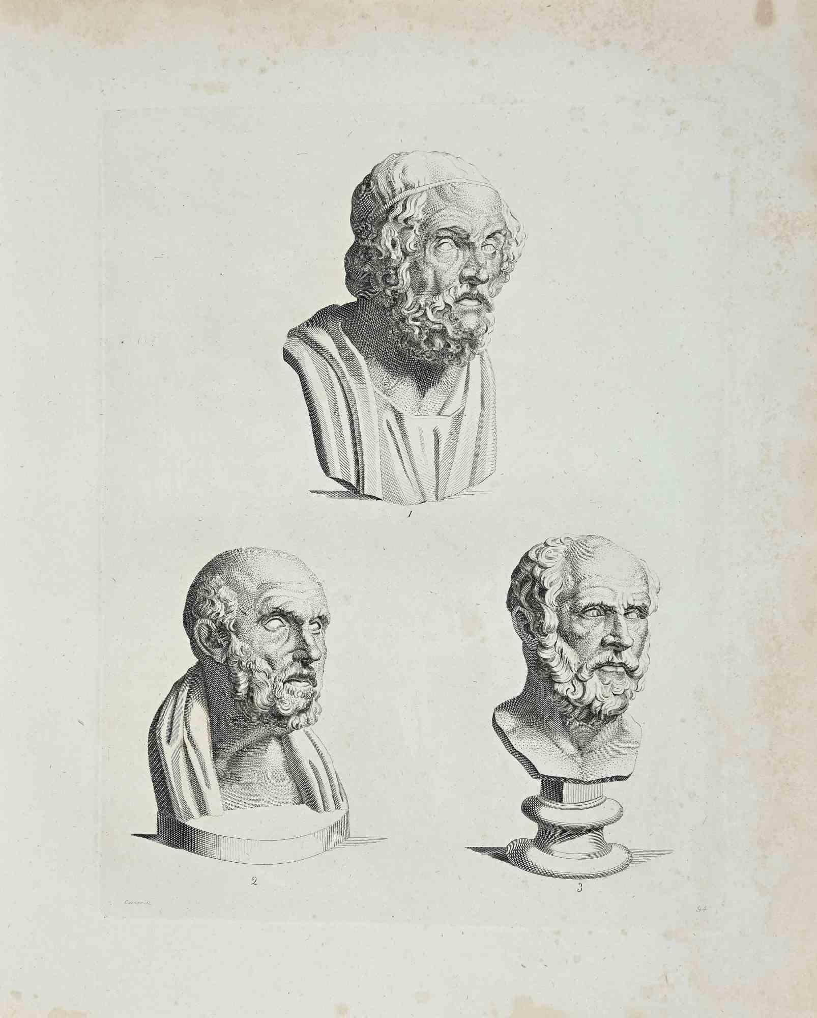 Ancient Busts is an original artwork realized by Thomas Holloway (1748 - 1827).

Original Etching from J.C. Lavater's "Essays on Physiognomy, Designed to promote the Knowledge and the Love of Mankind", London, Bensley, 1810. 

A the bottom center