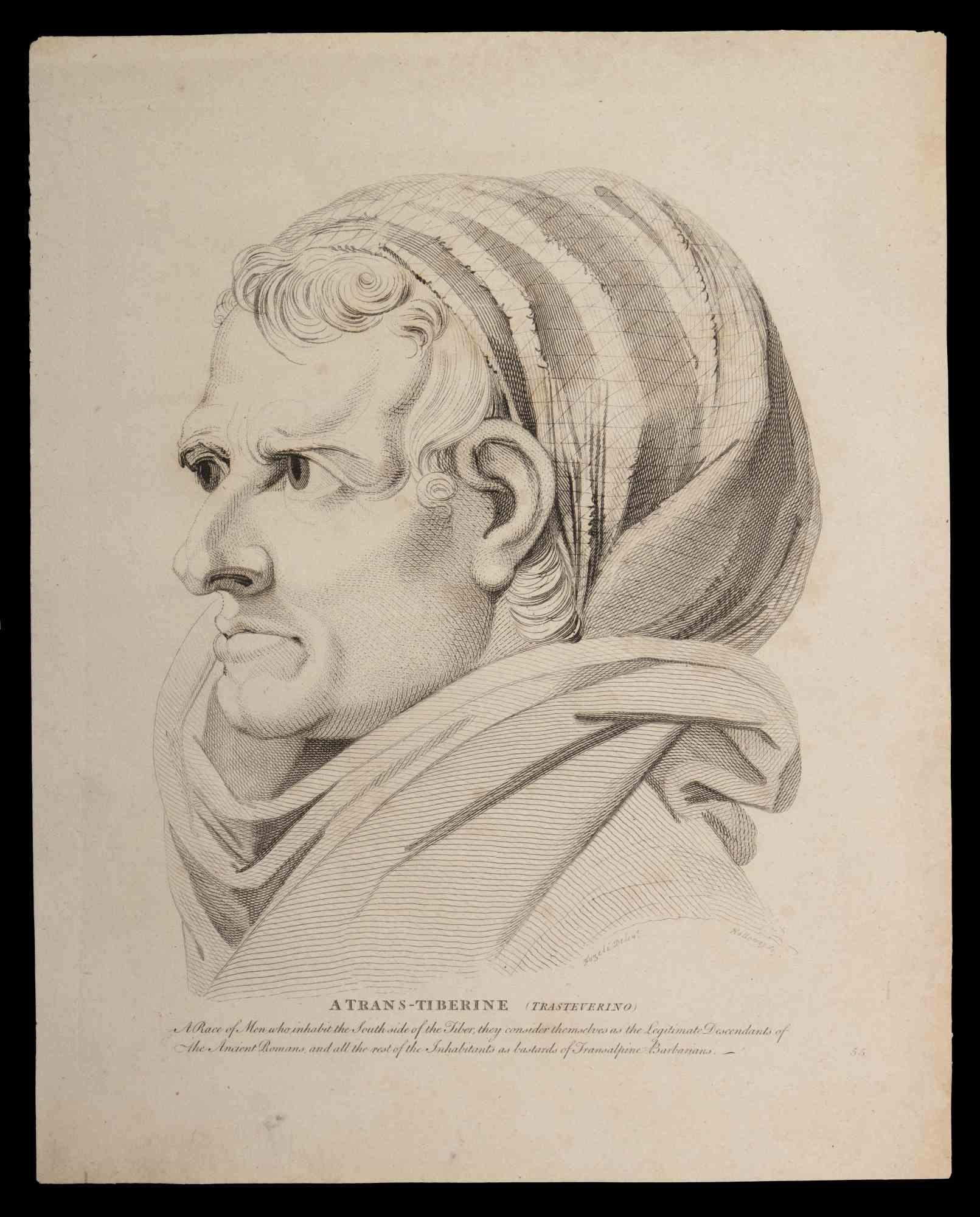 Atran-Tiberine is an original etching artwork realized by Thomas Holloway for Johann Caspar Lavater's "Essays on Physiognomy, Designed to Promote the Knowledge and the Love of Mankind", London, Bensley, 1810. 

Titled on the lower center with the