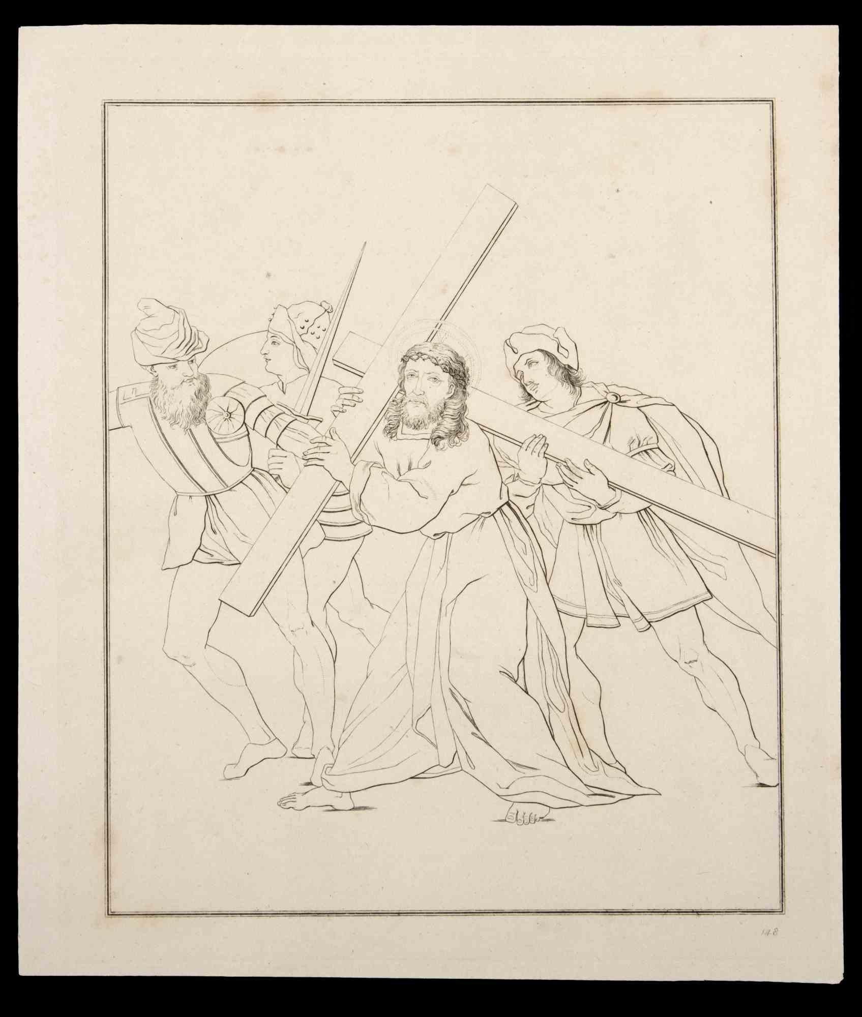 Carrying the cross is an original etching artwork realized by Thomas Holloway for Johann Caspar Lavater's "Essays on Physiognomy, Designed to Promote the Knowledge and the Love of Mankind", London, Bensley, 1810. 

Good conditions, except for some