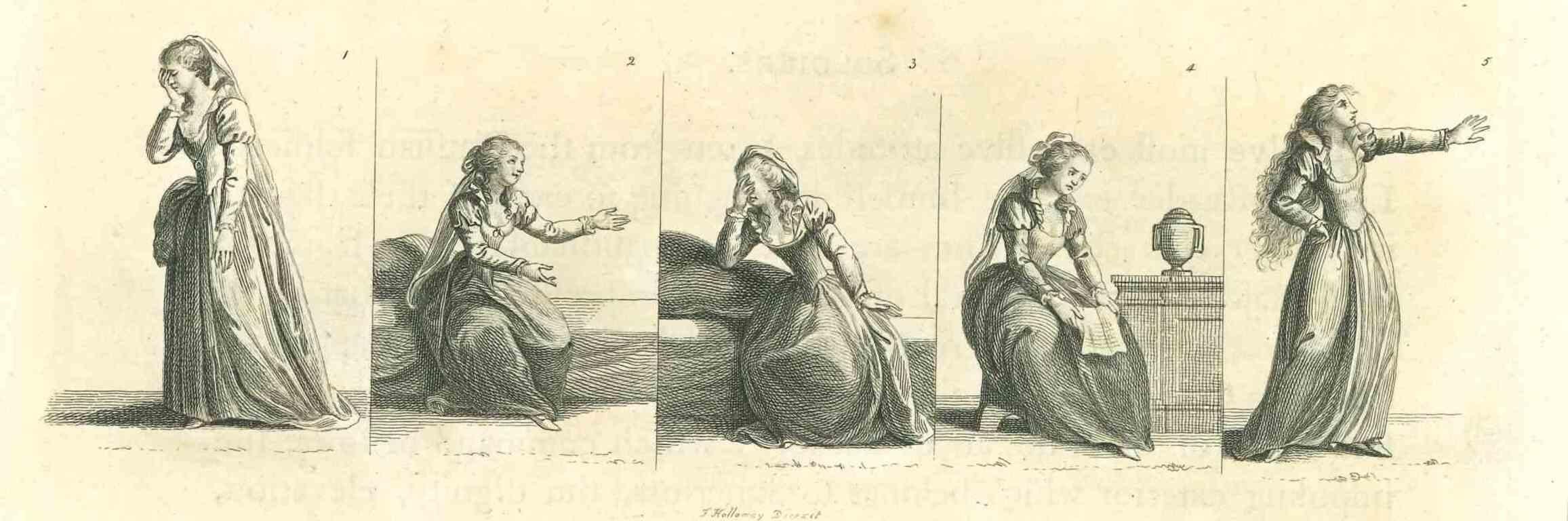 Desperation is an original artwork realized for Johann Caspar Lavater's "Essays on Physiognomy, Designed to promote the Knowledge and the Love of Mankind", London, Bensley, 1810. 

This artwork portrays a historical woman during different positions.