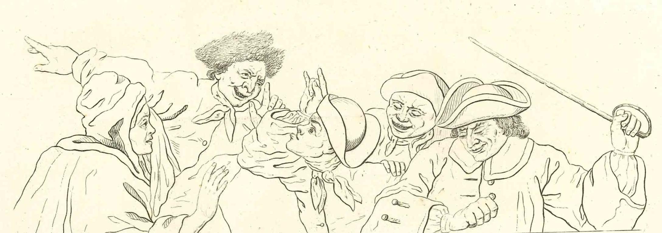 Grotesque Scene is an original artwork realized by Thomas Holloway for Johann Caspar Lavater's  "Essays on Physiognomy, Designed to promote the Knowledge and the Love of Mankind", London, Bensley, 1810. 

This artwork portrays historical faces. On