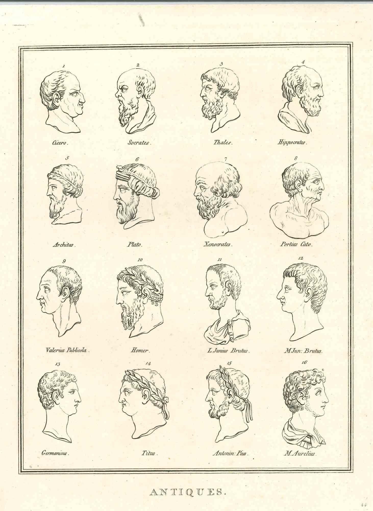 Heads of Men of Ancient Times ist ein Original-Kunstwerk von Thomas Holloway für Johann Caspar Lavater's  "Essays on Physiognomy, Designed to promote the Knowledge and the Love of Mankind", London, Bensley, 1810. 

 Dieses Kunstwerk stellt Köpfe