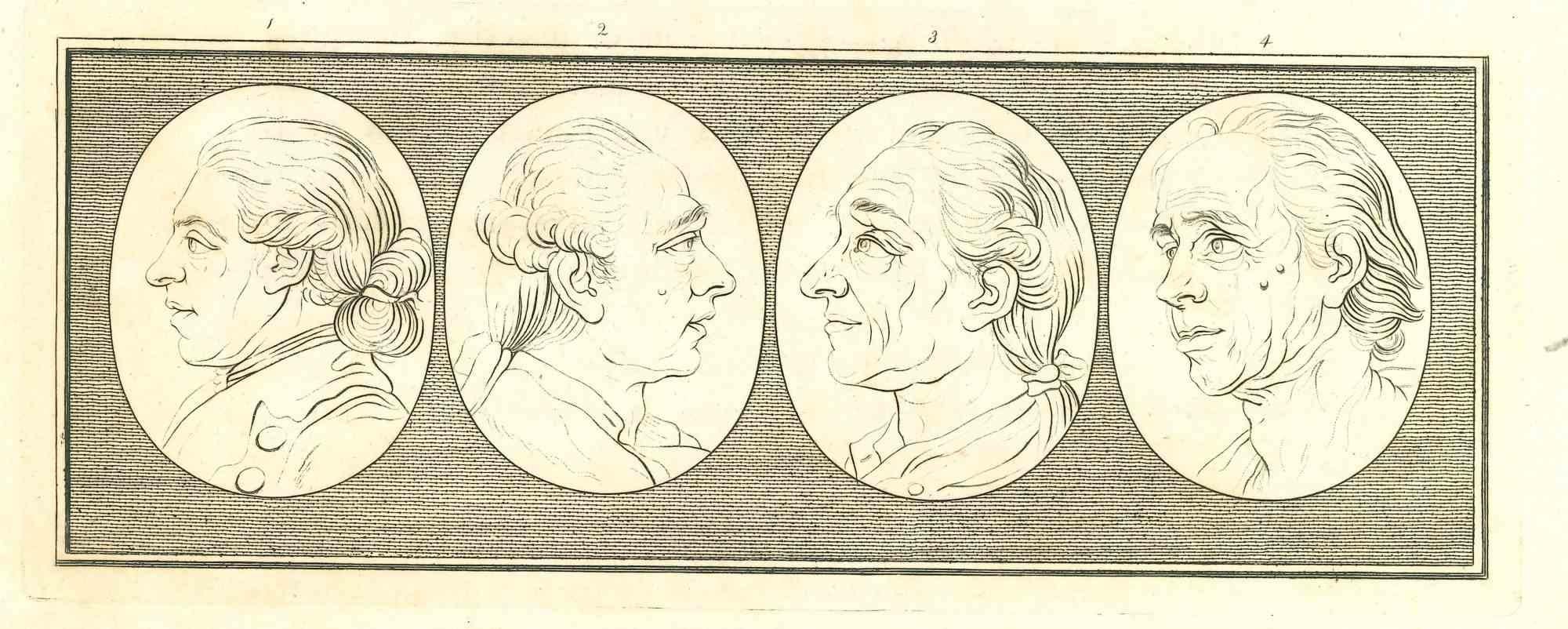 Heads of men is an original etching realized by Thomas Holloway for Johann Caspar Lavater's  "Essays on Physiognomy, Designed to promote the Knowledge and the Love of Mankind", London, Bensley, 1810. 

 This artwork portrays heads of men. On the