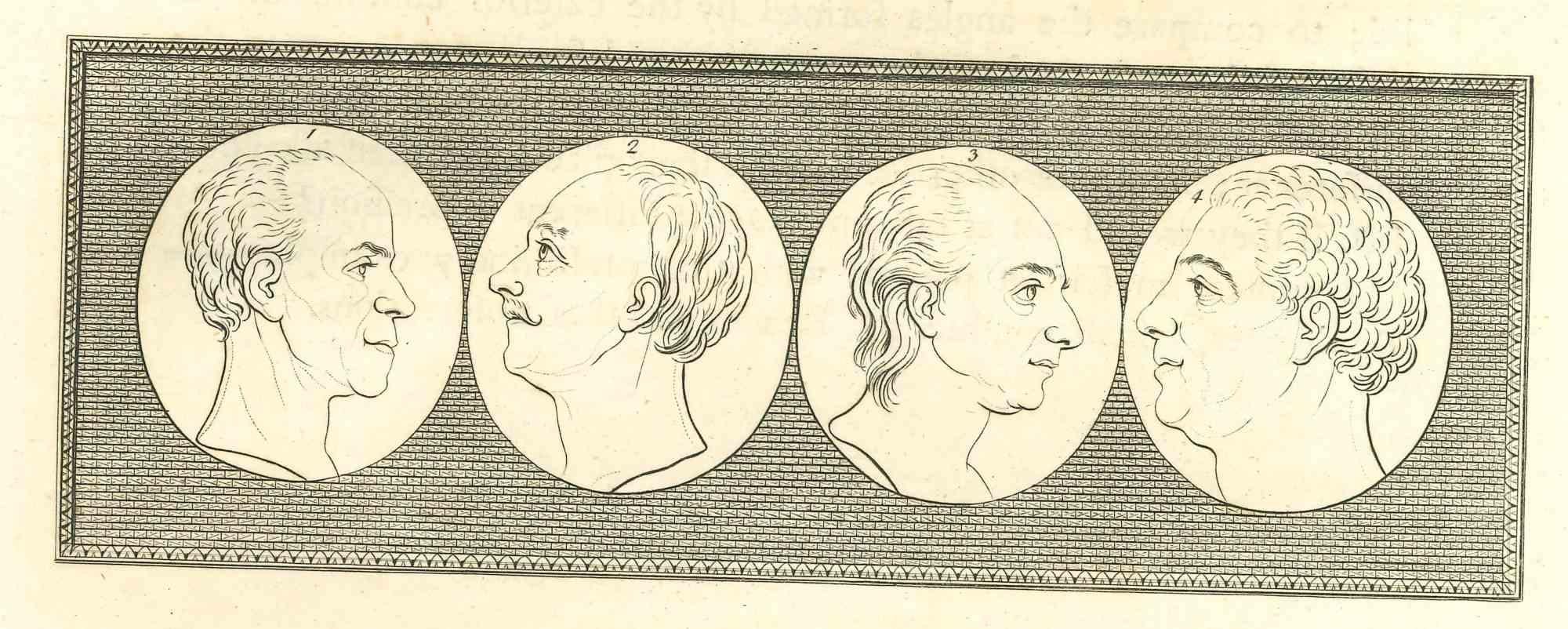 Heads of men is an original artwork realized by Thomas Holloway for Johann Caspar Lavater's  "Essays on Physiognomy, Designed to promote the Knowledge and the Love of Mankind", London, Bensley, 1810. 

 This artwork portrays heads of men. On the