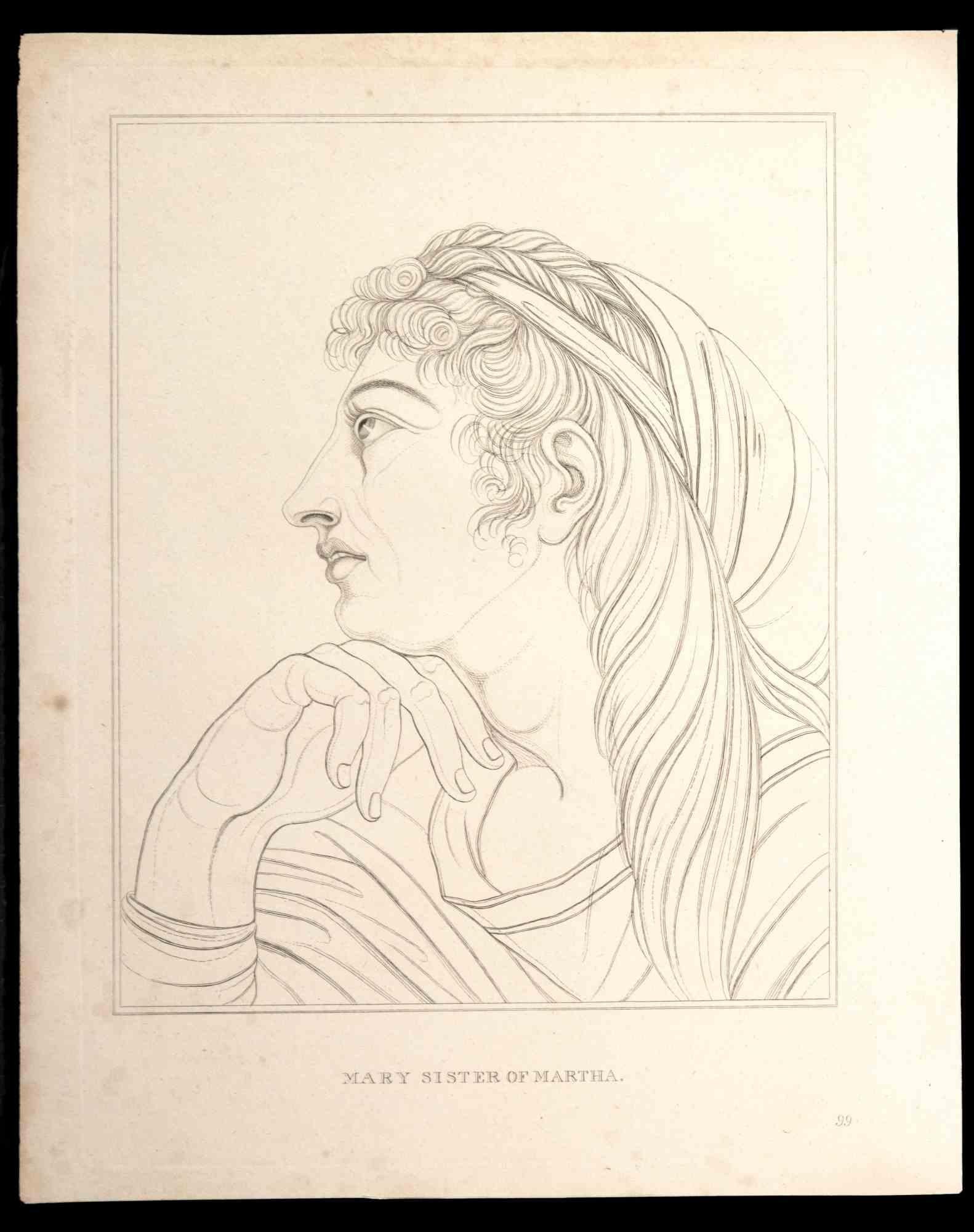 Mary Sister of Martha ist eine Original-Radierung von Thomas Holloway für Johann Caspar Lavaters "Essays on Physiognomy, Designed to Promote the Knowledge and the Love of Mankind", London, Bensley, 1810. 

Unten in der Mitte betitelt.

Guter