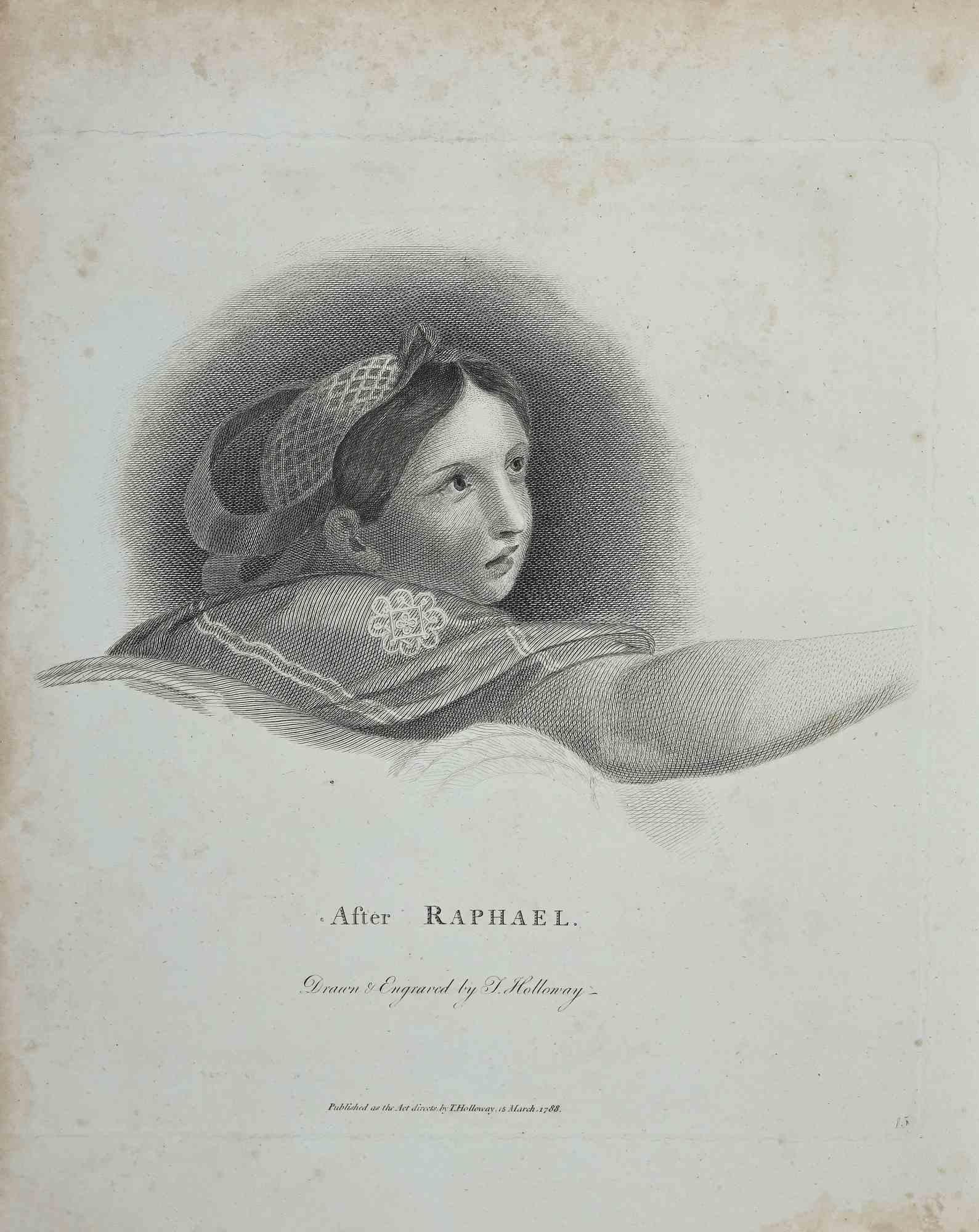 Portrait d'après Raphaël est une œuvre d'art originale réalisée par Thomas Holloway (1748 - 1827).

Gravure originale de J.C. Essais de Lavater sur la physiognomonie, destinés à promouvoir la connaissance et l'amour de l'humanité", Londres, Bensley,