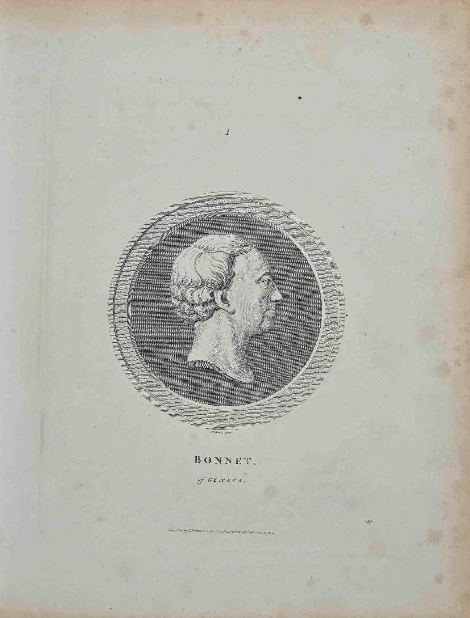 Portrait Bonnet de Genève est une gravure originale réalisée par Thomas Holloway pour les "Essais sur la physiognomonie, destinés à promouvoir la connaissance et l'amour de l'humanité" de Johann Caspar Lavater, Londres, Bensley, 1810. 

Signé en