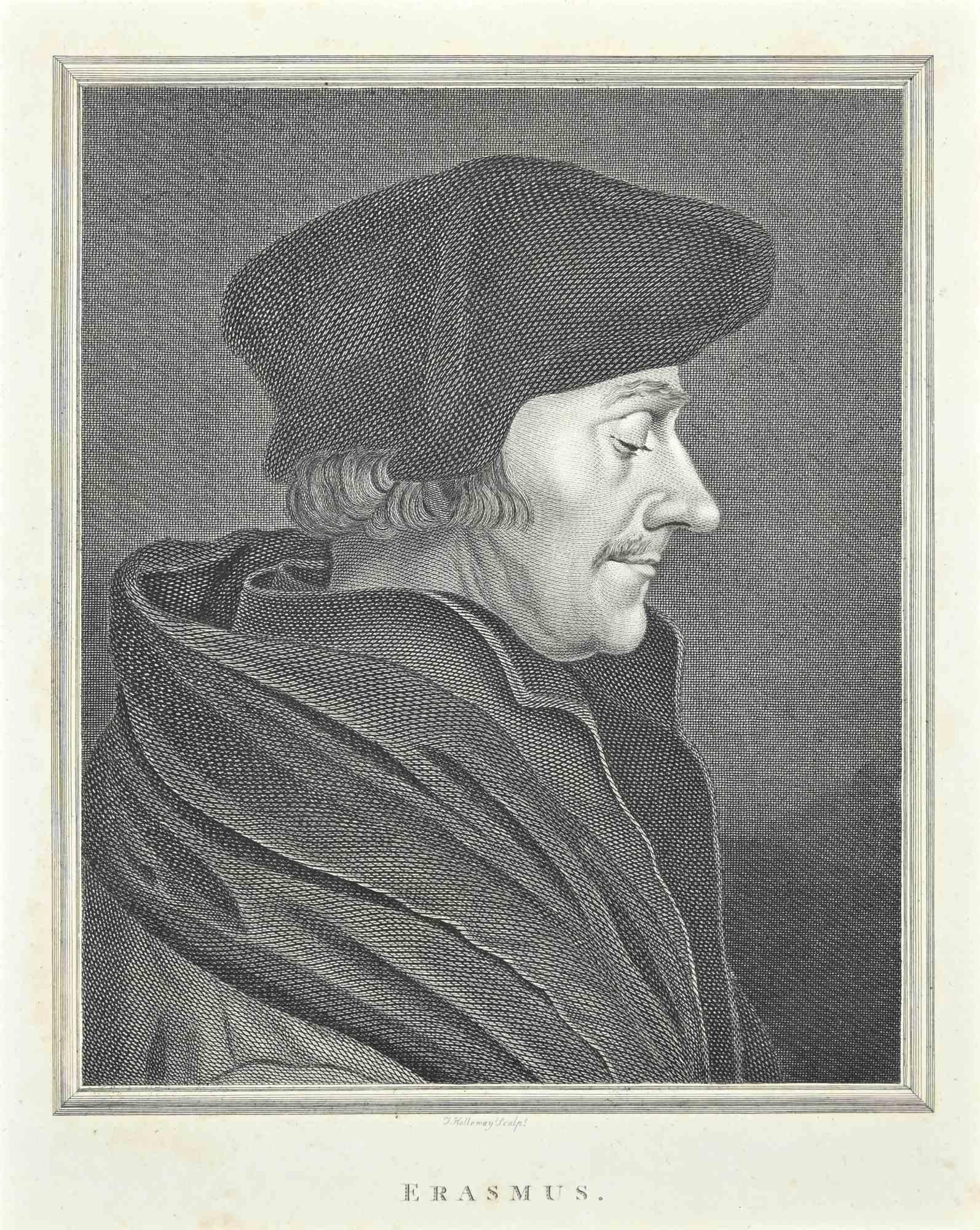 Portrait of Erasmus is an original etching artwork realized by Thomas Holloway for Johann Caspar Lavater's "Essays on Physiognomy, Designed to Promote the Knowledge and the Love of Mankind", London, Bensley, 1810. 

Signed on the plate.

Titled on