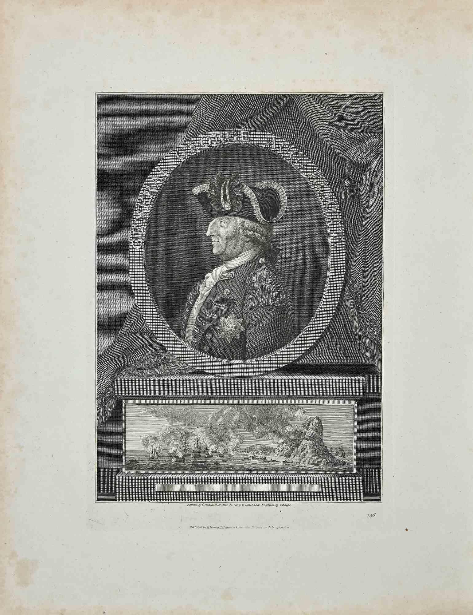 Portrait of General George Aug. Eliott is an original etching artwork realized by Thomas Holloway for Johann Caspar Lavater's "Essays on Physiognomy, Designed to Promote the Knowledge and the Love of Mankind", London, Bensley, 1810. 

Engraved by