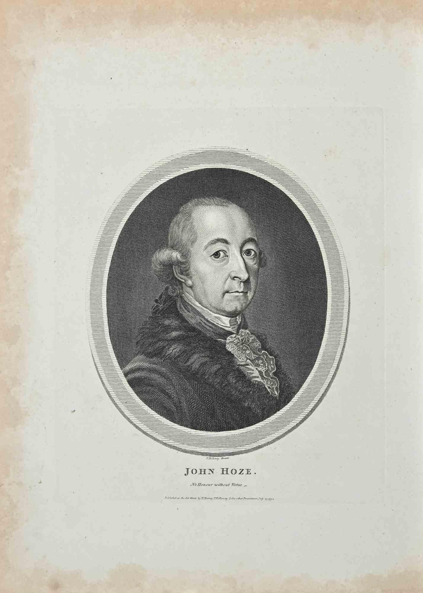 Portrait of John Hoze is an original etching artwork realized by Thomas Holloway for Johann Caspar Lavater's "Essays on Physiognomy, Designed to Promote the Knowledge and the Love of Mankind", London, Bensley, 1810. 

Signed on the plate on the
