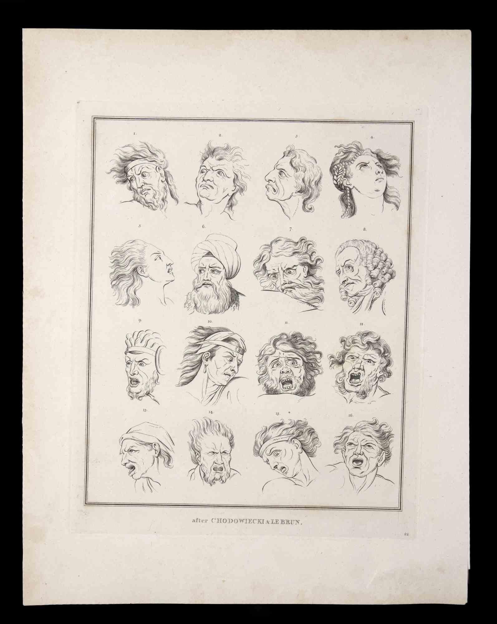 Portrait of men and women is an original etching artwork realized by Thomas Holloway after Lebrun and Chodowiecki for Johann Caspar Lavater's "Essays on Physiognomy, Designed to Promote the Knowledge and the Love of Mankind", London, Bensley, 1810.